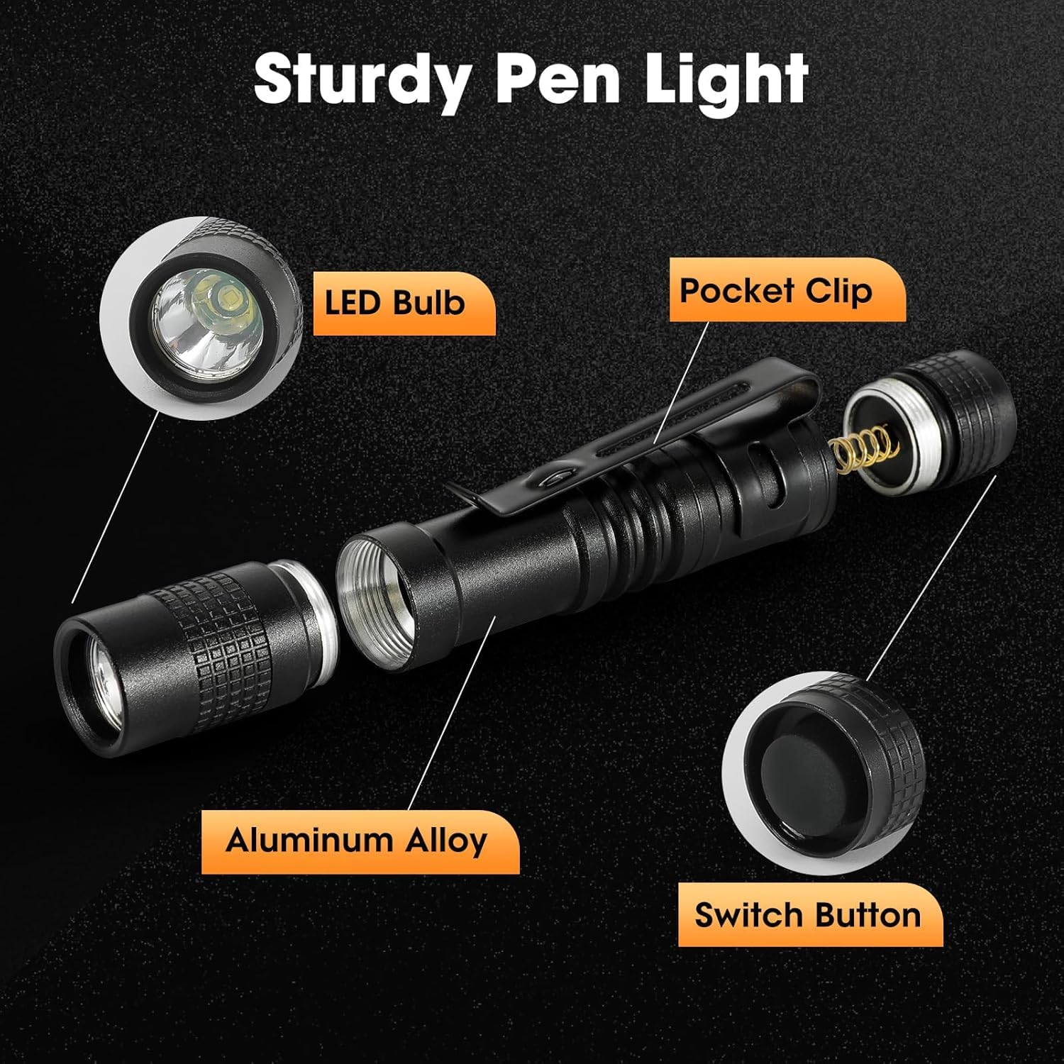 Tileon Mini Flashlight, 3PCS Waterproof LED Pocket Light, Aluminum, Black, Model NBT-001