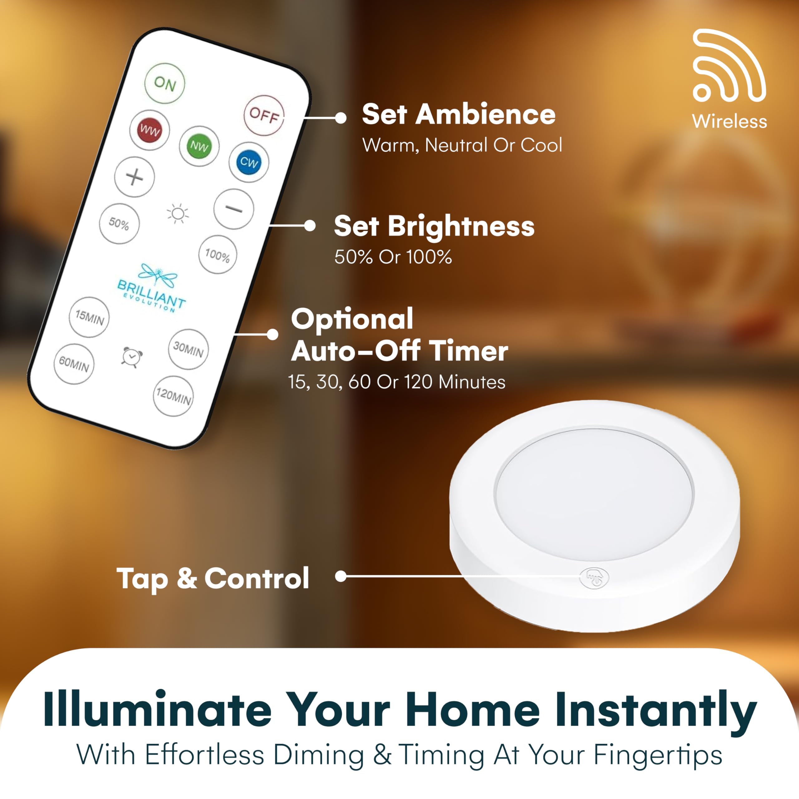 Brilliant Evolution Wireless LED Puck Light 3 Pack - White, Remote Control, Battery Powered, Under Cabinet & Closet Lighting