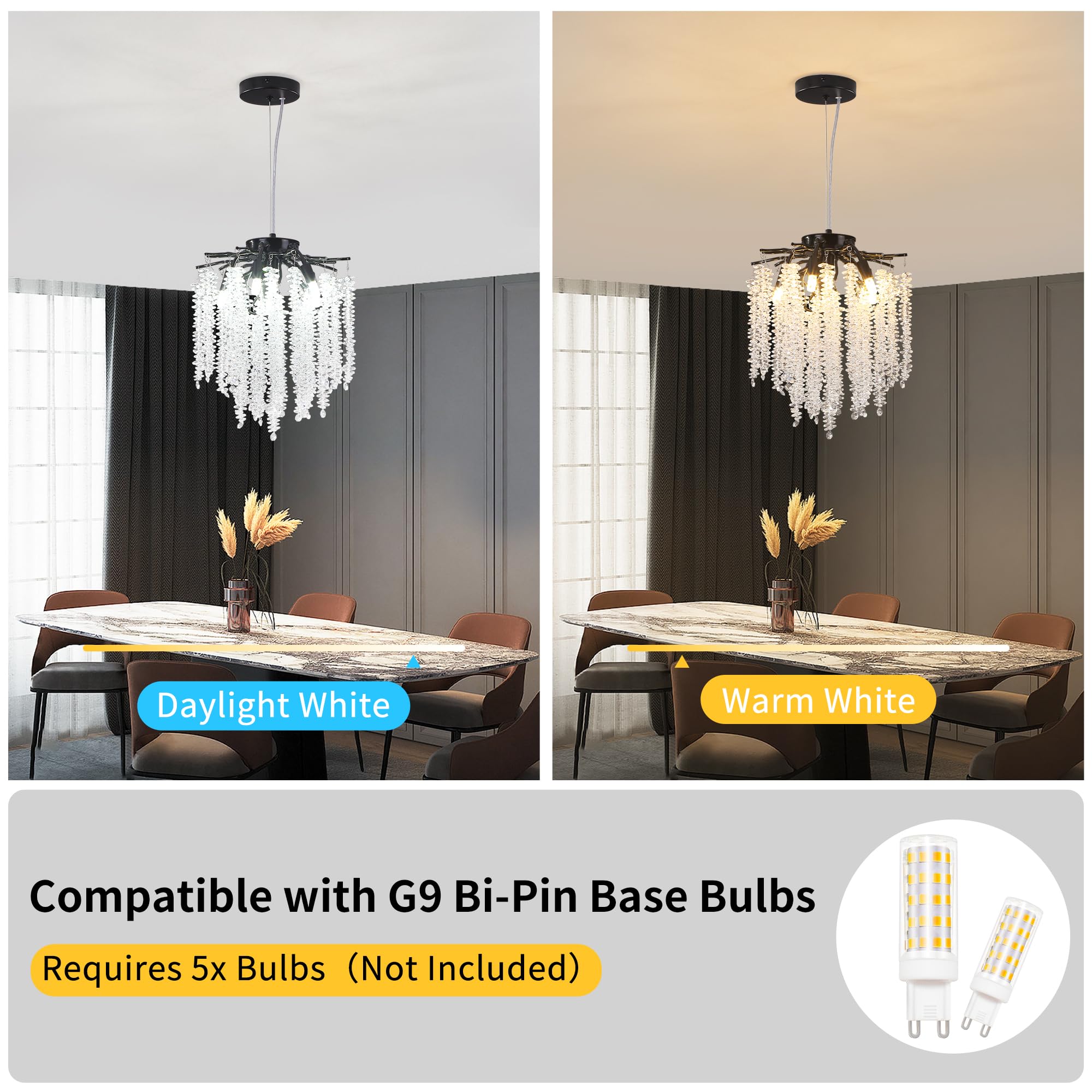 Upfelw Modern Crystal Branch Chandelier D12, Black Luxury Round Tree Branch Raindrop Pendant Light Fixture 5 Lights For Kitchen