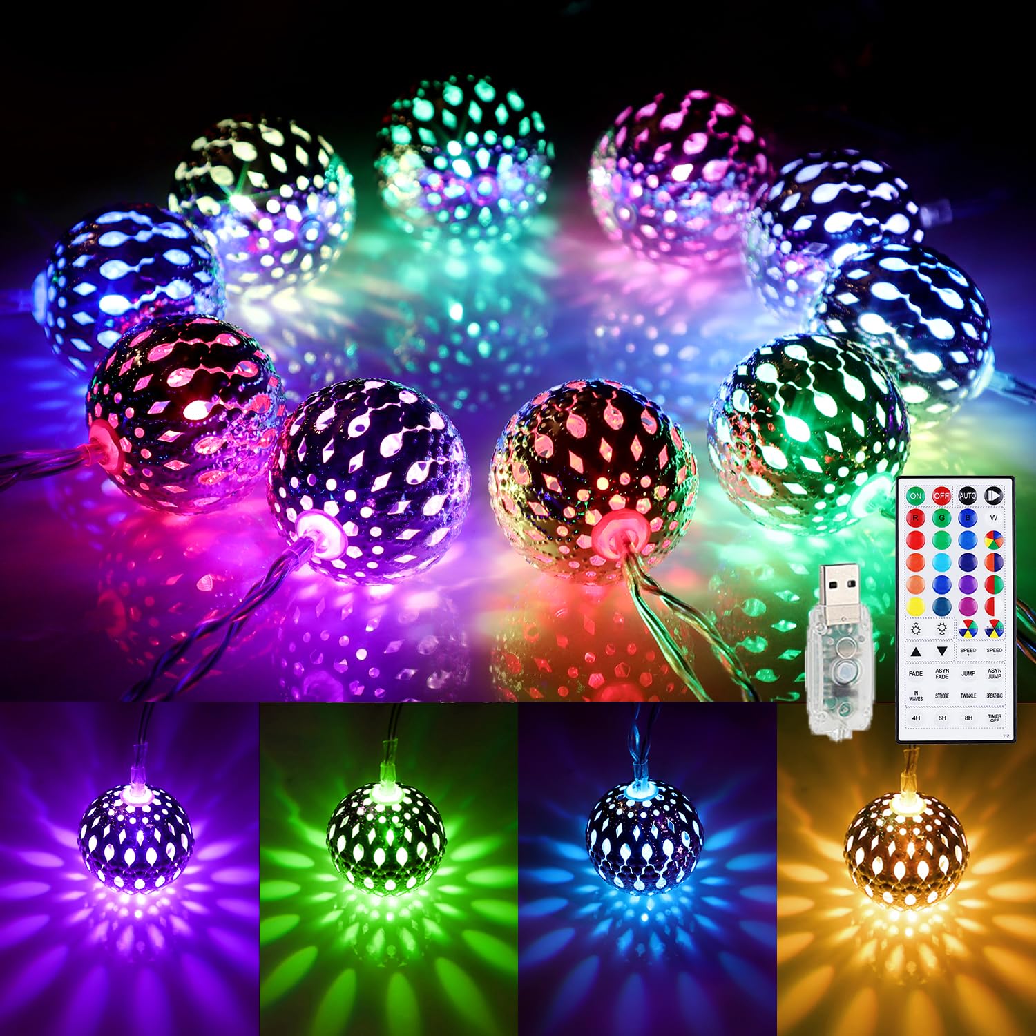OMIKA 24 Colors Changing Globe String Lights for Diwali Decor, 13ft 40 Silver Metal Balls LED Fairy Lights with Remote Timer Moroccan Orb Decorative Diwali Lights for Room Party Christmas Boho Décor