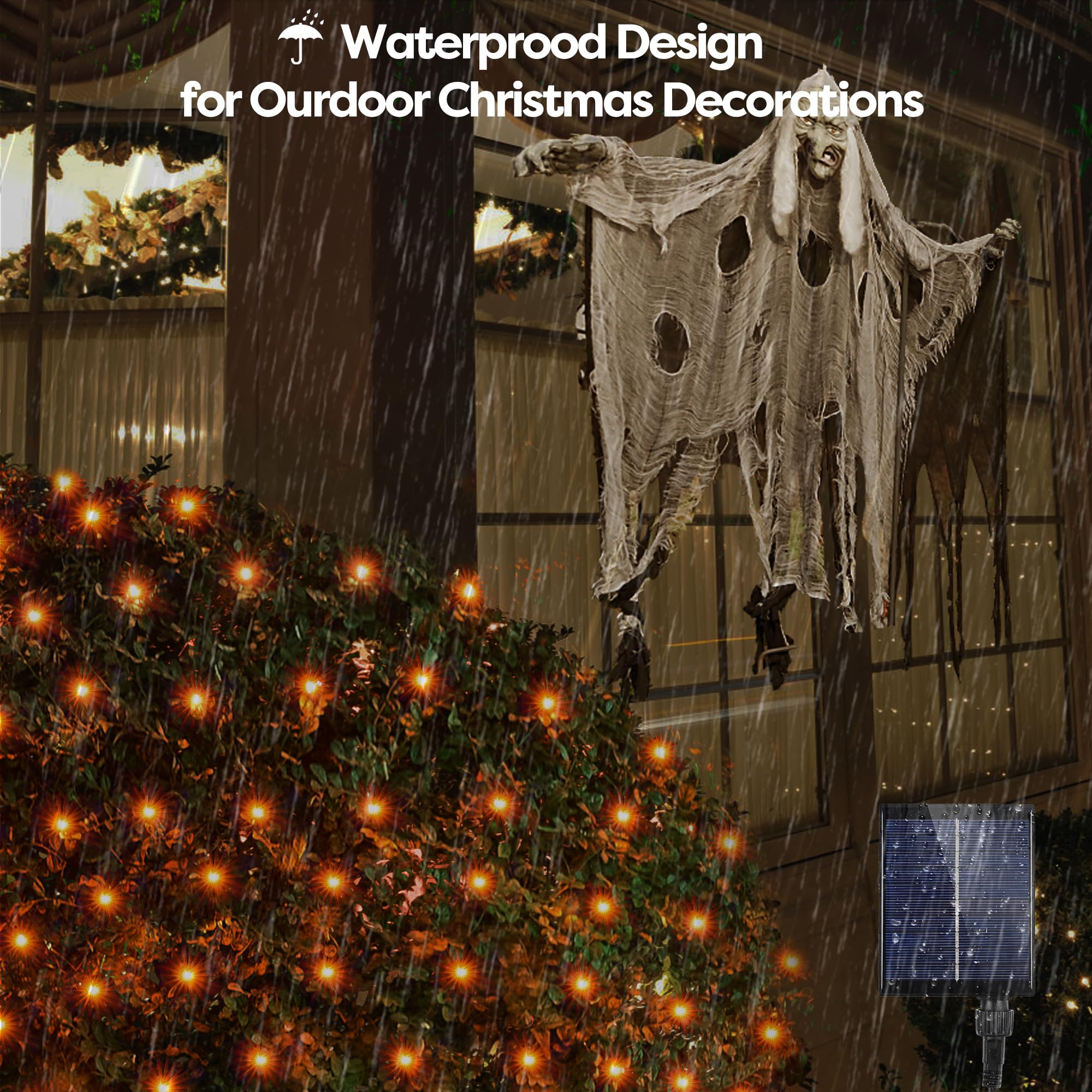 Wbao Solar Halloween Net Lights, 200Led 8.4Ft X 5.2Ft Orange Halloween Bush Lights With Remote, 8 Modes, Timer, Ip65 Waterproof & Dark Green Wire For Lawn, Bushes, Trees, Outdoor Halloween Decorations