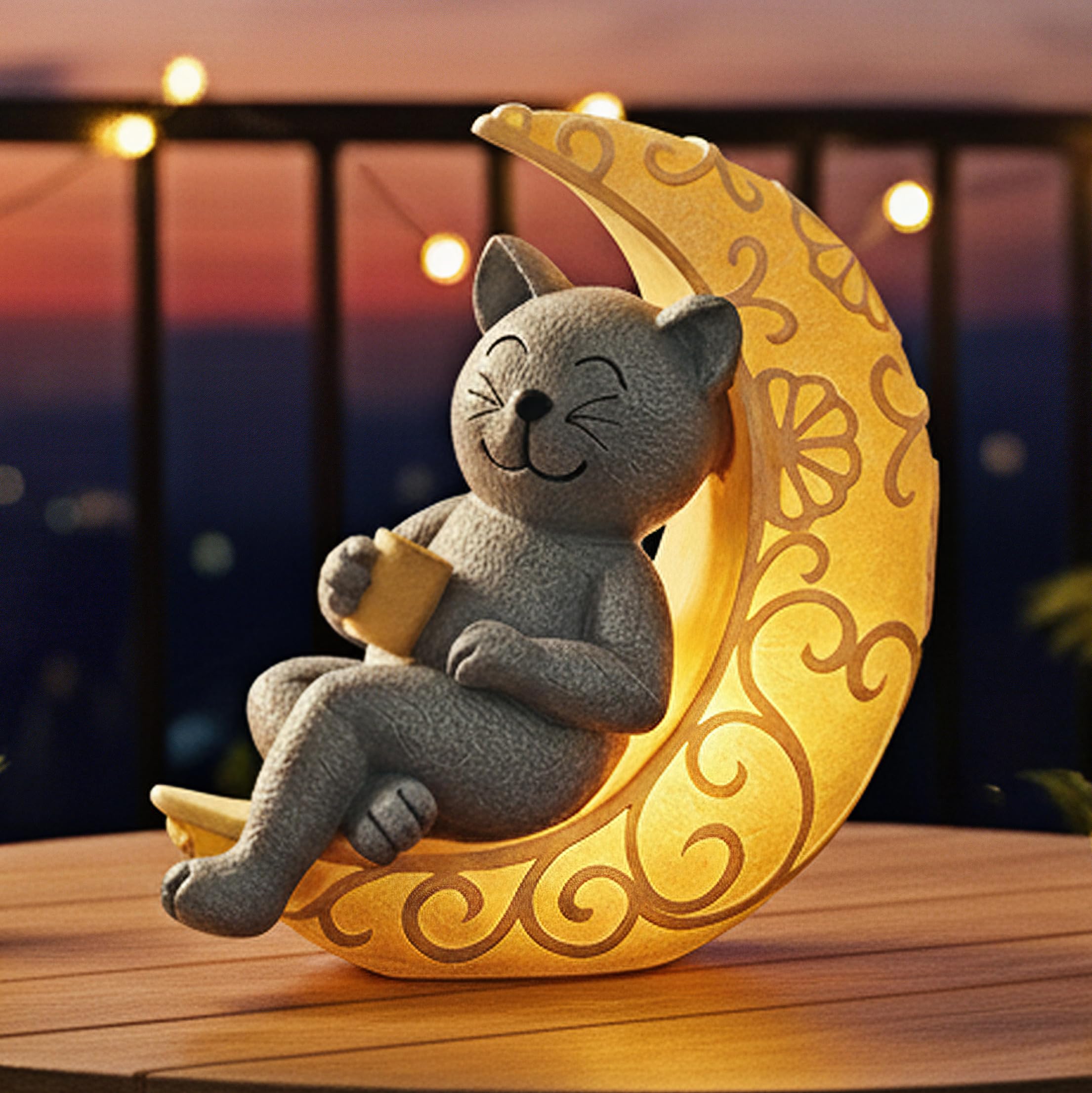 PETAFLOP Solar Cat Statue Decor, Moon Cat Figurines for Patio Balcony Yard Decorations, I Love You to the Moon and Back Birthday