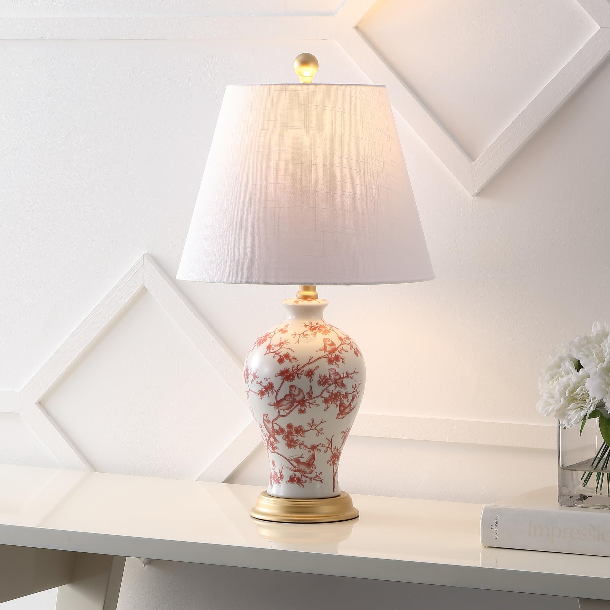 Jonathan Y Jyl3009C Grace 24'' French Country Cottage Ceramic/Iron Floral Urn Led Table Lamp, White/Red For Bedroom, Living Room