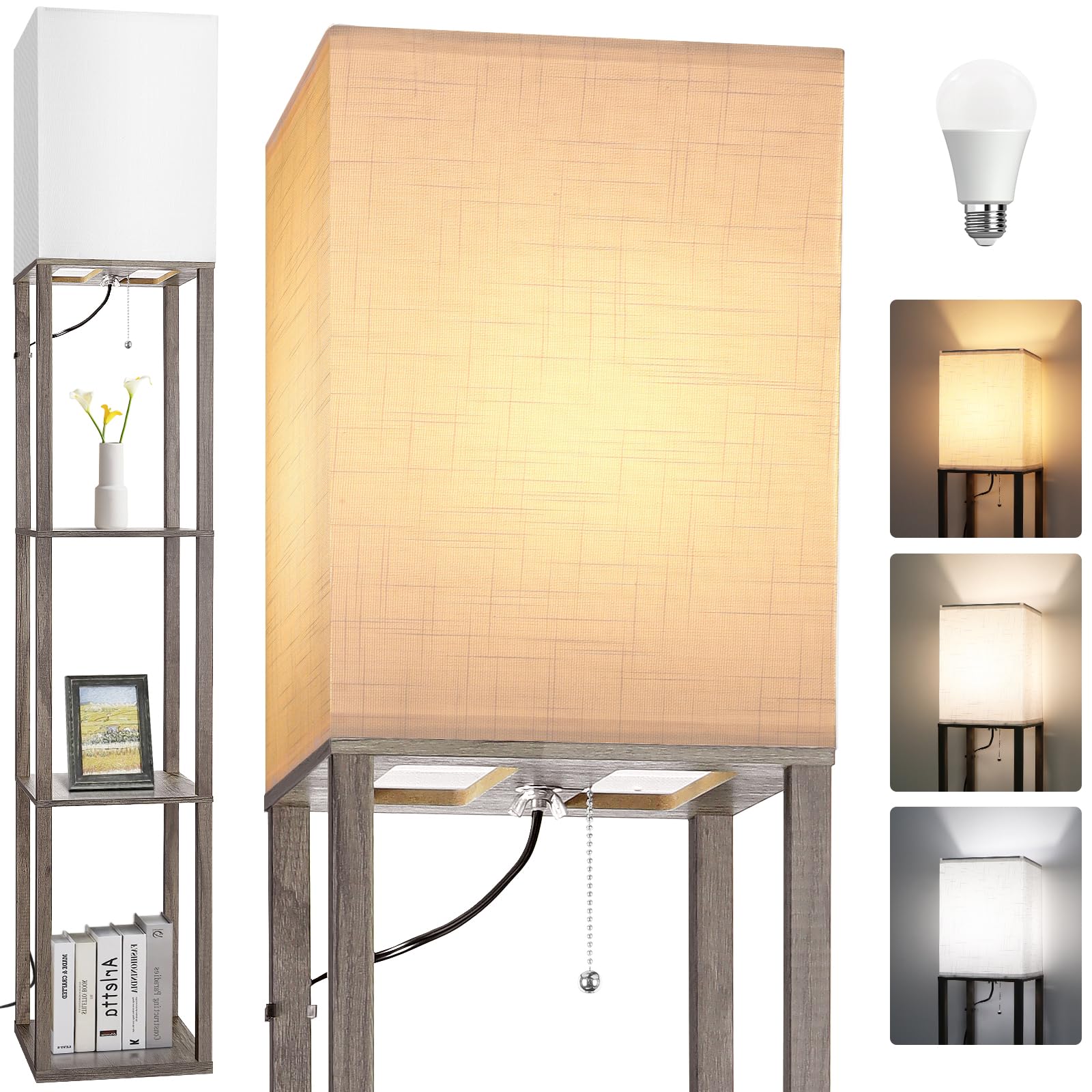 Floor Lamp with Shelves,Wood Corner Floor Lamps for living room tables with 3 CCT LED Bulb,Modern Display Bookshelf Nightstand L