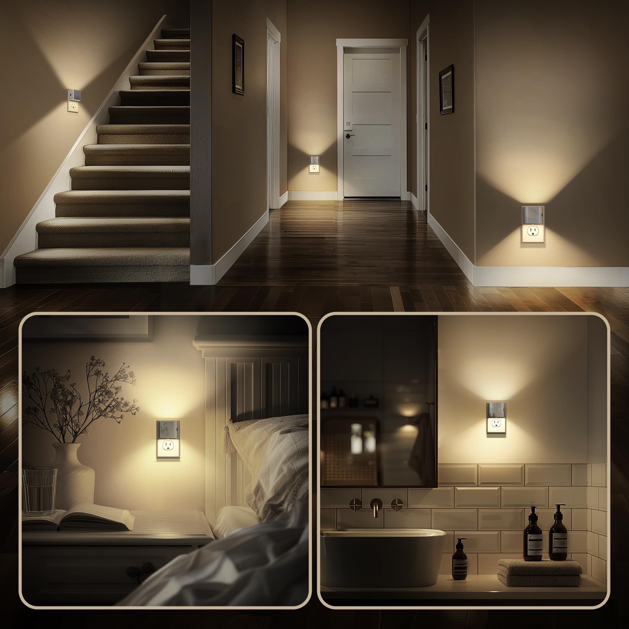 DORESshop LED Night Lights Plug into Wall, 3 Level Brightness, Dusk to Dawn Sensor, 2 Packs, Silver Cover