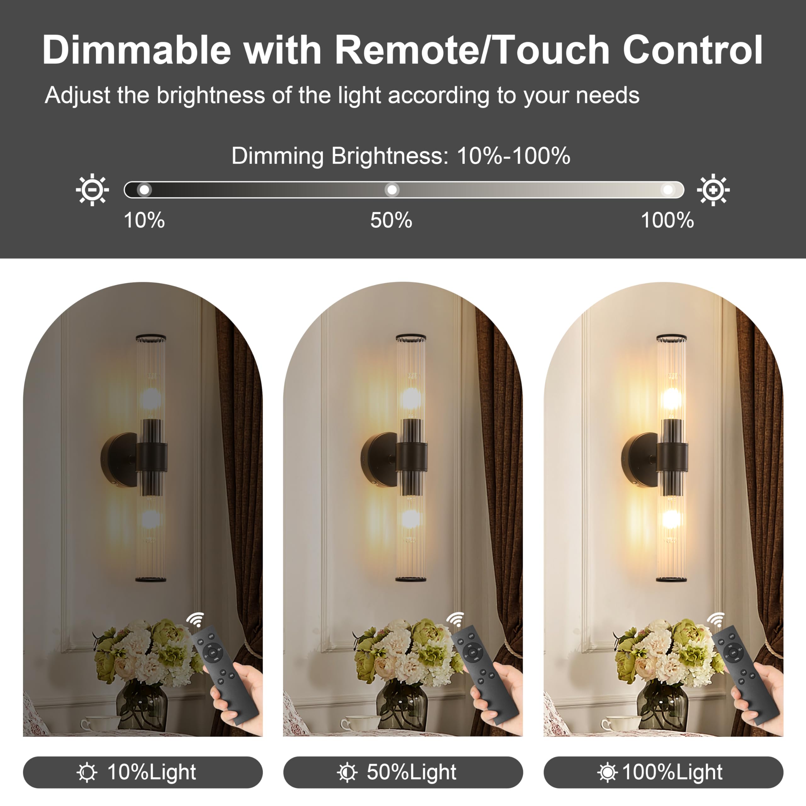 Battery Operated Wall Sconces Set of 2, Rechargeable Wall Lights with Dimmable Remote Control, 20 Modern Sconce Wall Lighting, B