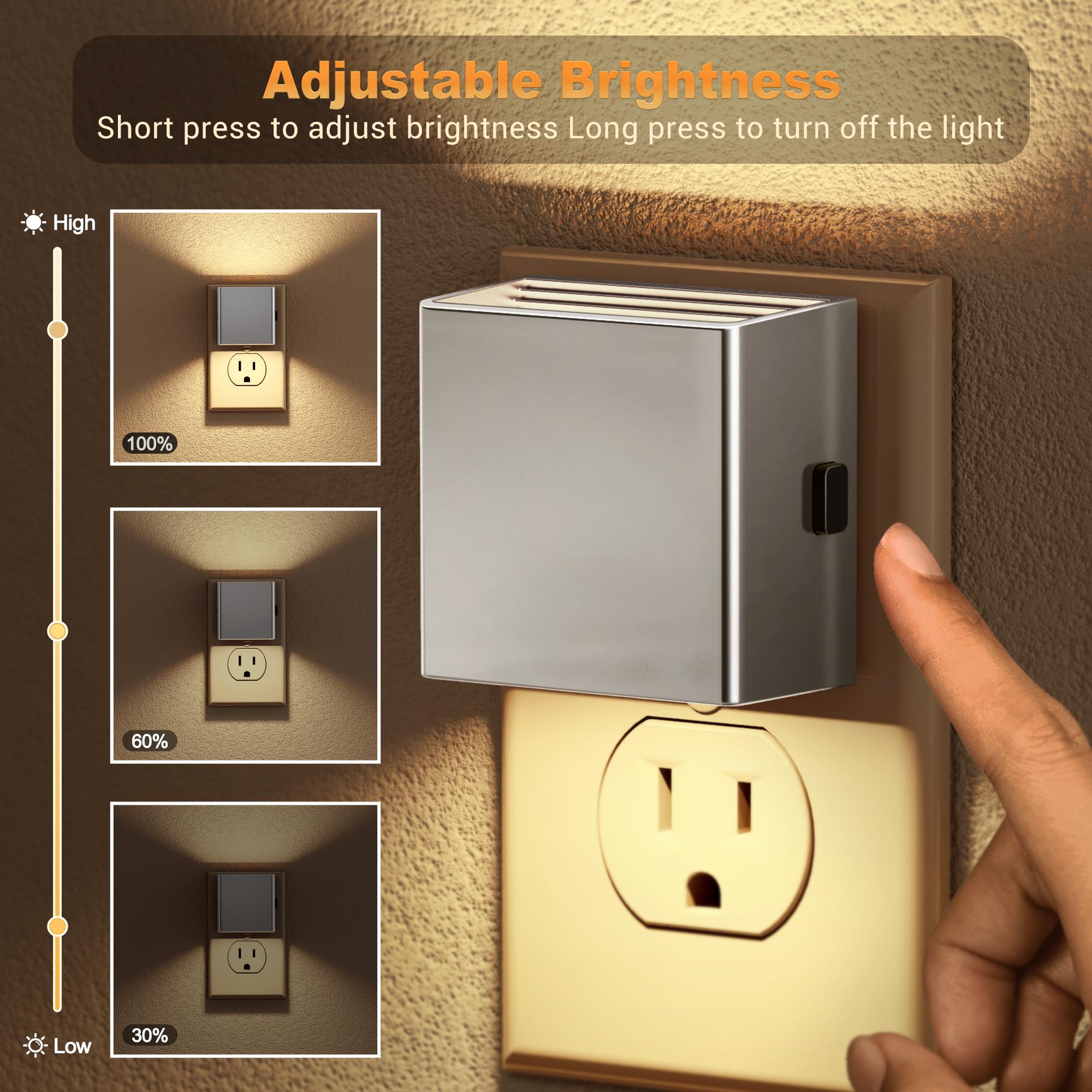 JandCase Night Light, Dusk to Dawn, Adjustable Brightness, Square Electroplate, Soft White 3000K, 2 Pack, Silver-1