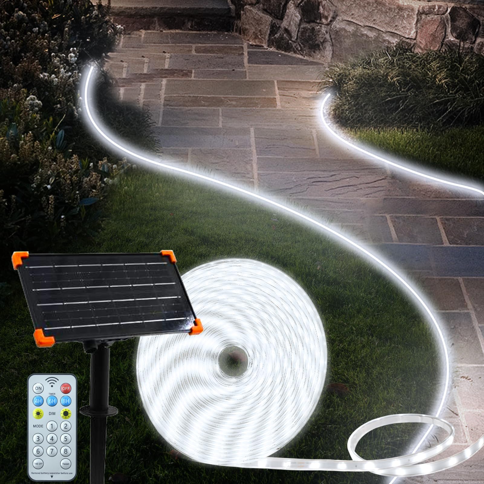 BSGlobal 50Ft Solar LED Strip Lights, 540 LEDs, IP68 Waterproof, Remote Control, Self-Adhesive, Cool White, Model S-15MStripL