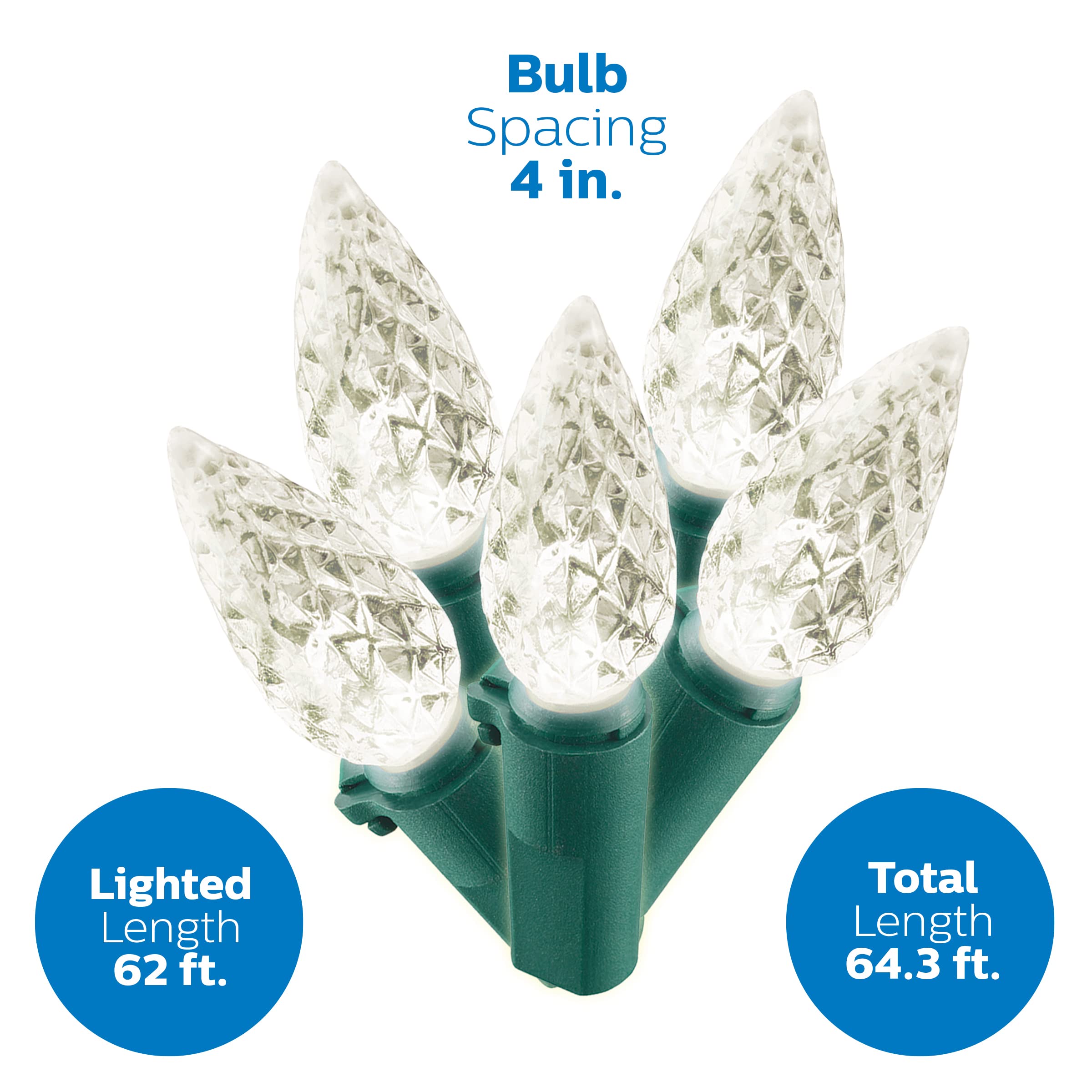 Philips C6 Christmas Lights - 250 LED Warm White, 64.33 Length, Indoor/Outdoor Use, Model 638017-278, Green Wire