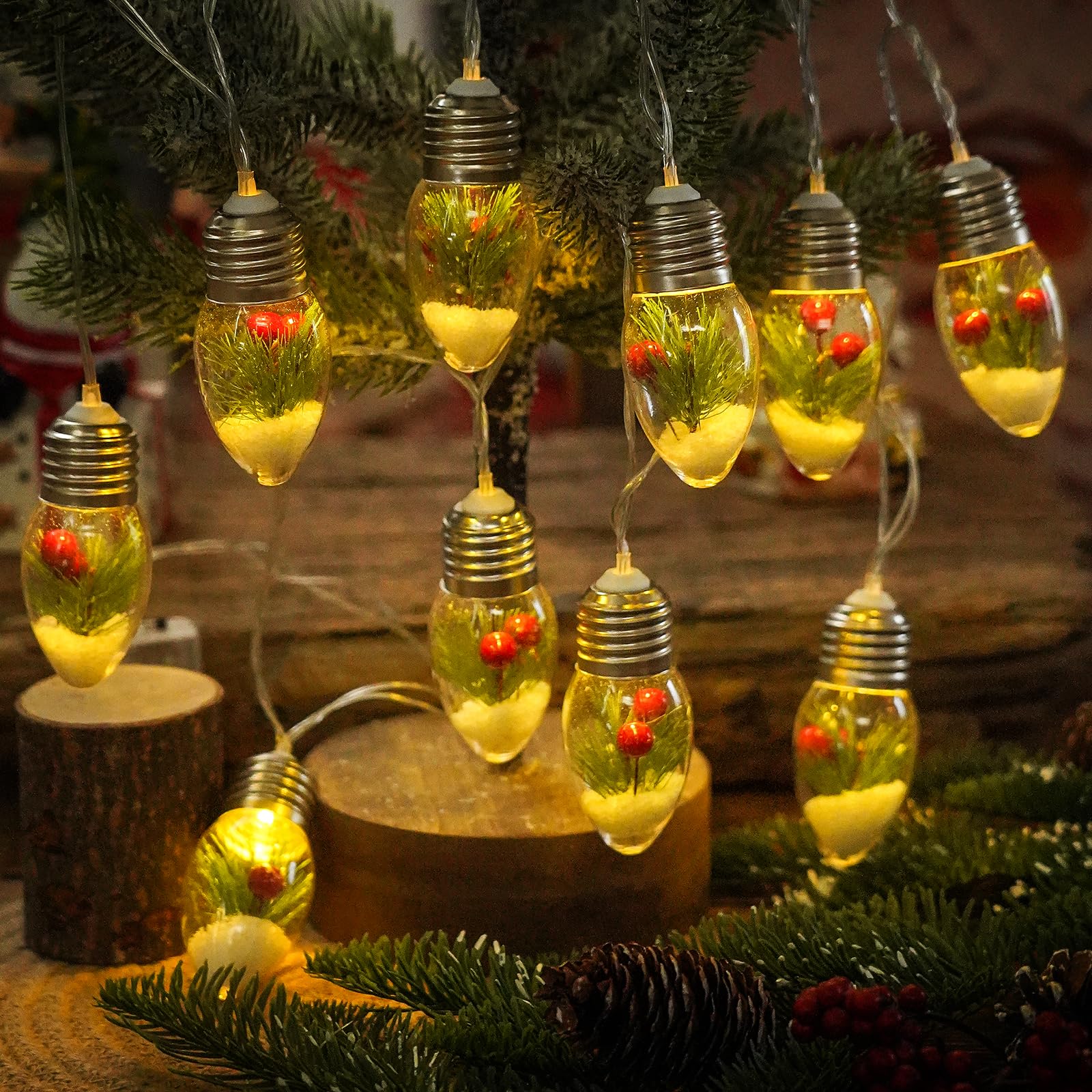 Christmas Lights Indoor  10 LED Clear Bulbs Christmas Tree Snow Globe String Lights with Berry & Pine Needles for Bedroom  Wedding  Table Decoration  Outdoor Garden Party  Home Party Decorate(6.6FT )