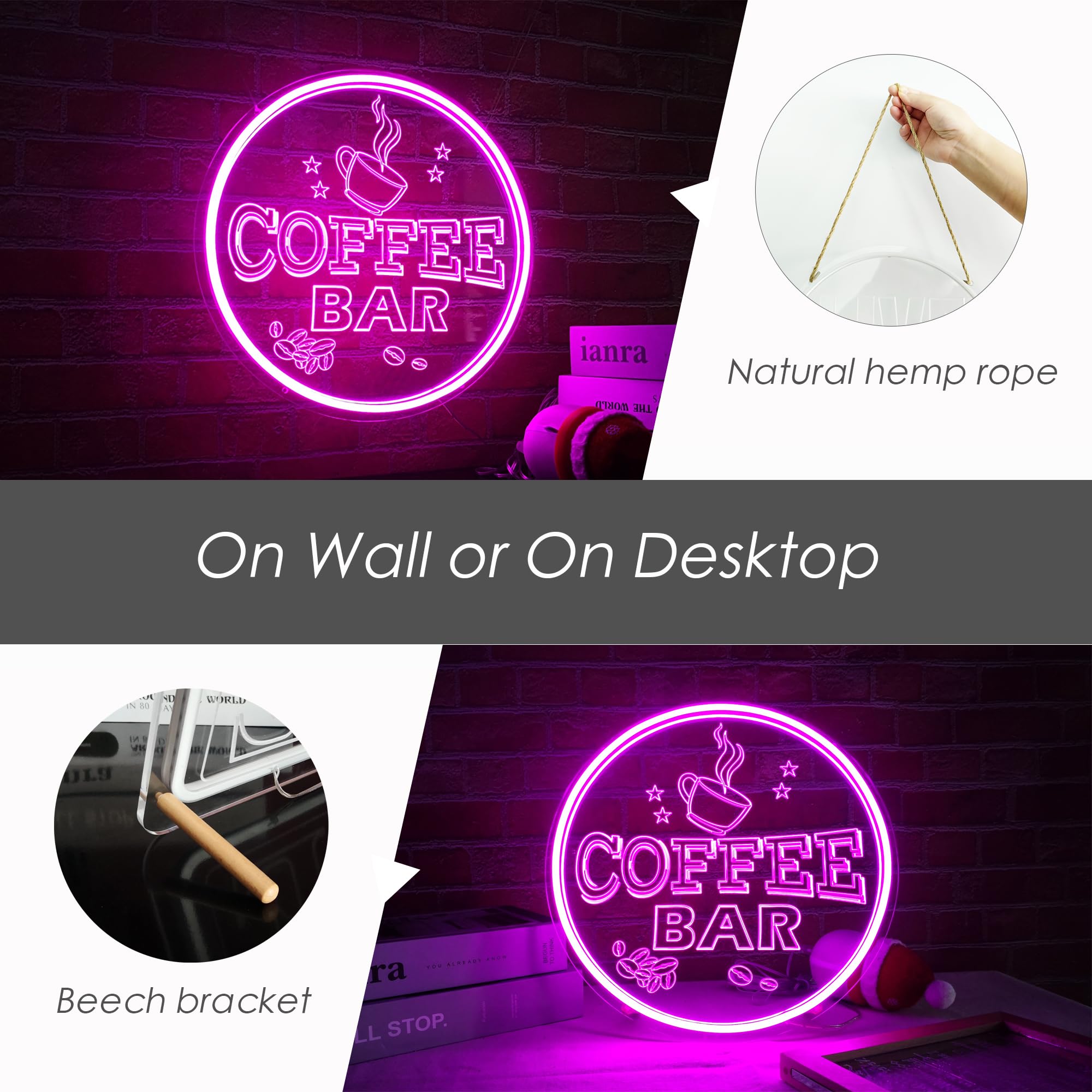 NOXTROND Neon Coffee Bar Sign, Dimmable USB Powered, 12in Round, Pink, Model CB09, Perfect for Cafe and Kitchen Decor