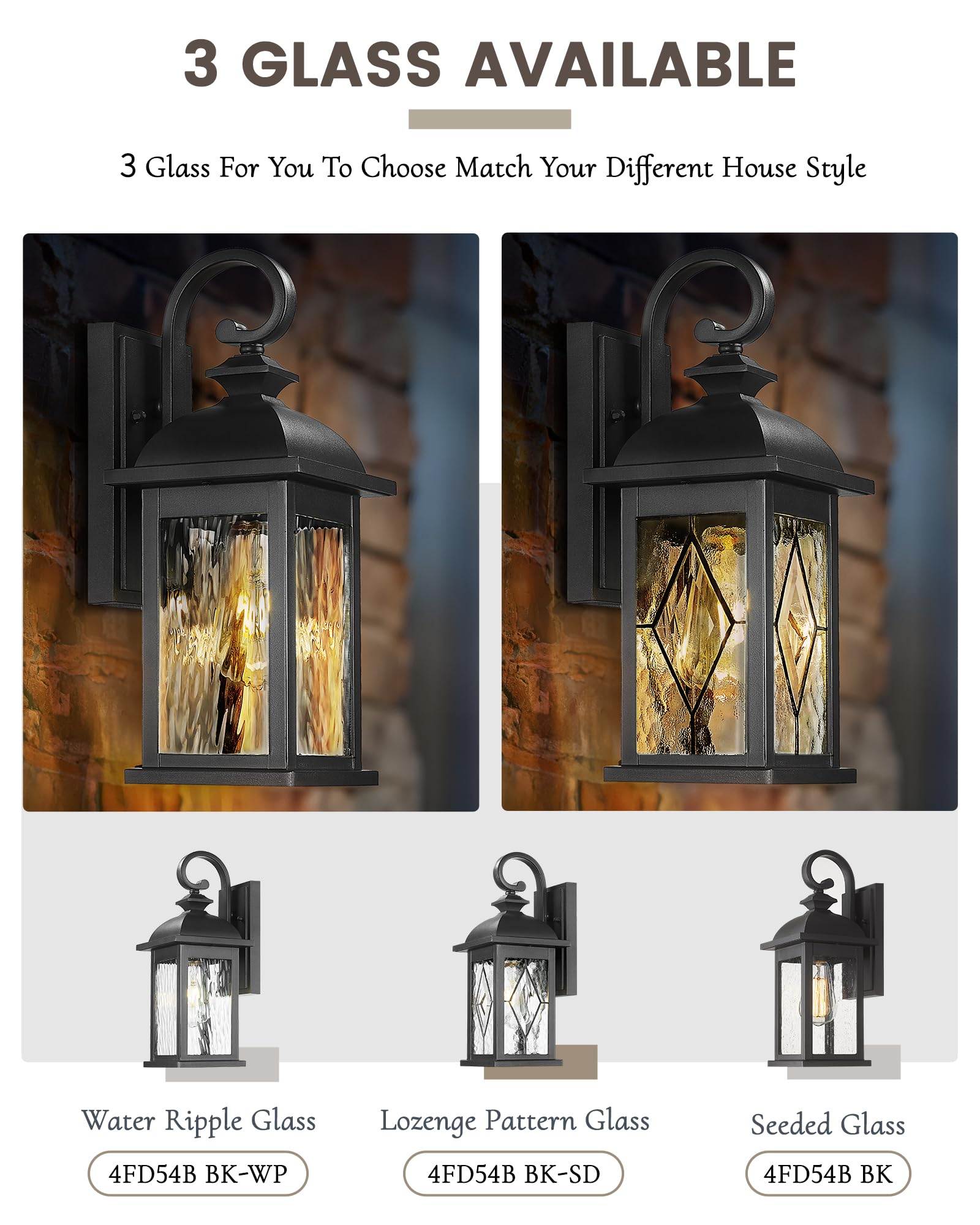 FEMILA Outdoor Wall Light Fixture, 1-Light Waterproof Sconce, 15" Matte Black with Water Ripple Glass, Anti-Rust Design