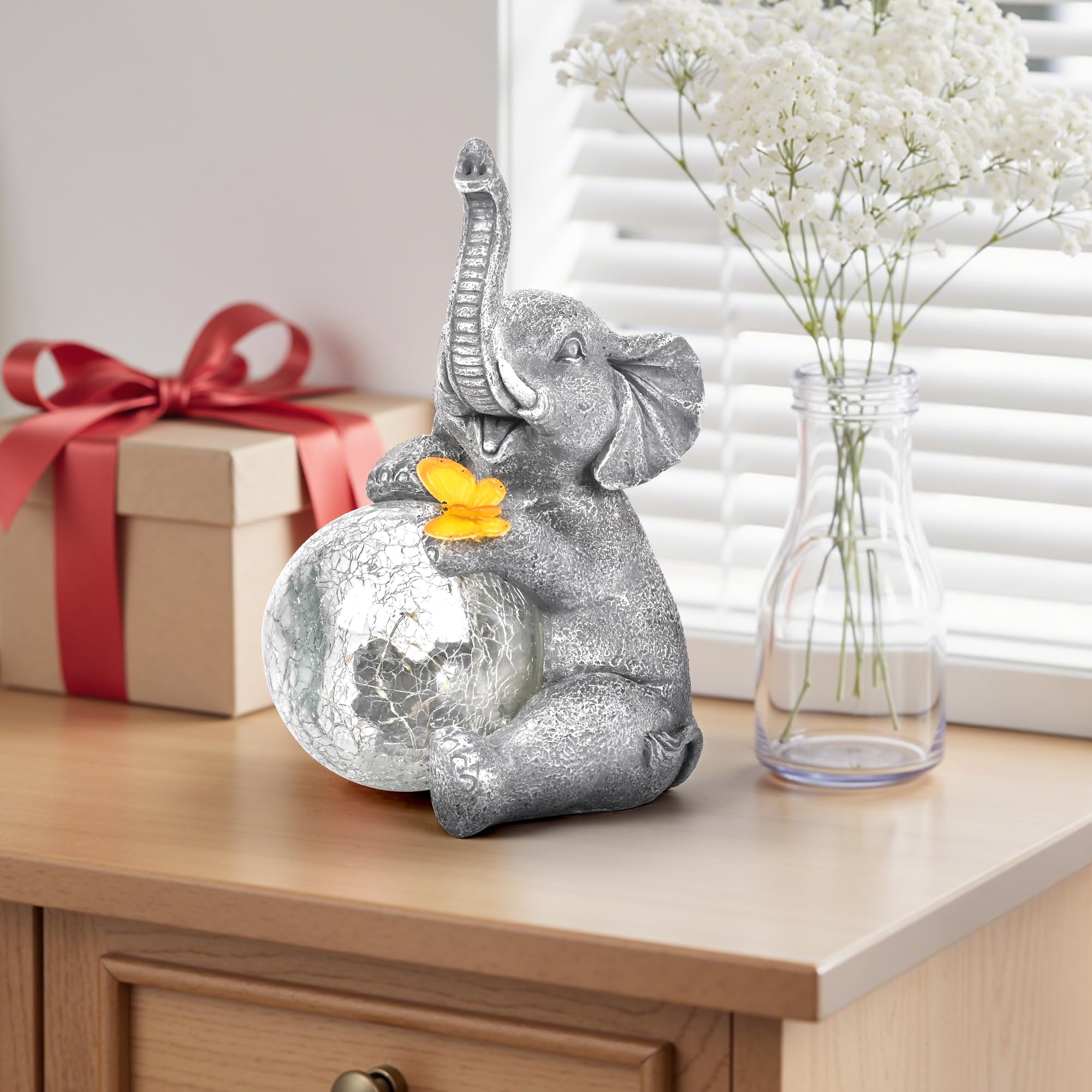 Solar Garden Outdoor Statues for Women, Mom, Grandma. Glass Globe Elephant Figurine Housewarming and Birthday Gifts Elephant Sta