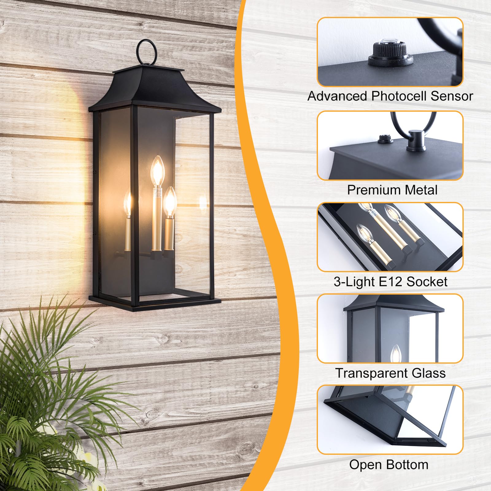 Lawyettle Dusk To Dawn Outdoor Wall Light 3-Light, 25'' Large Outdoor Light Fixture, Black Exterior Wall Lantern, Waterproof Out