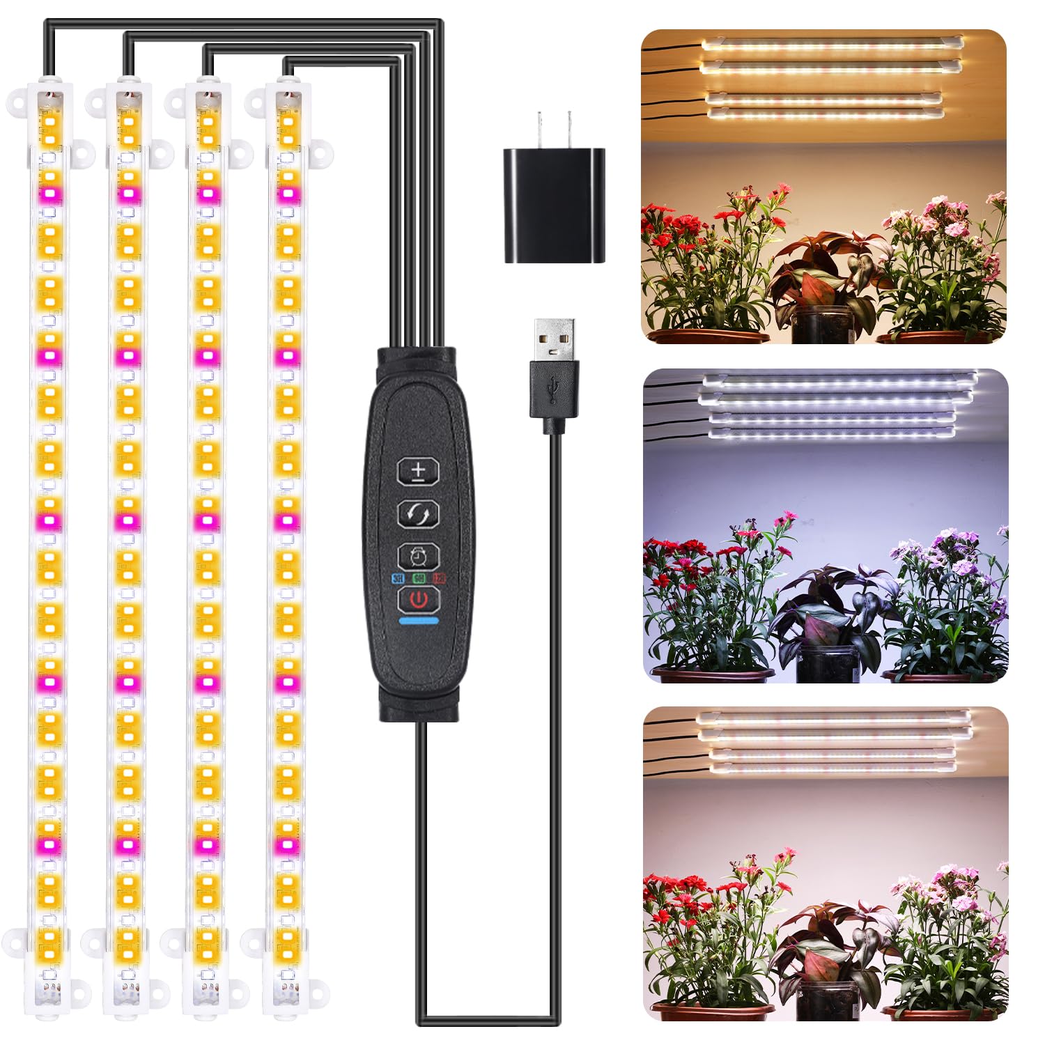 Rwntao Four Strip Growing Lamp For Indoor Plants, Red & 3000K & 6000K Full Spectrum Led Grow Light Strips With Auto On/Off 3/9/12H Timer,10 Dimmable Levels For Green House Succulent (13 In)