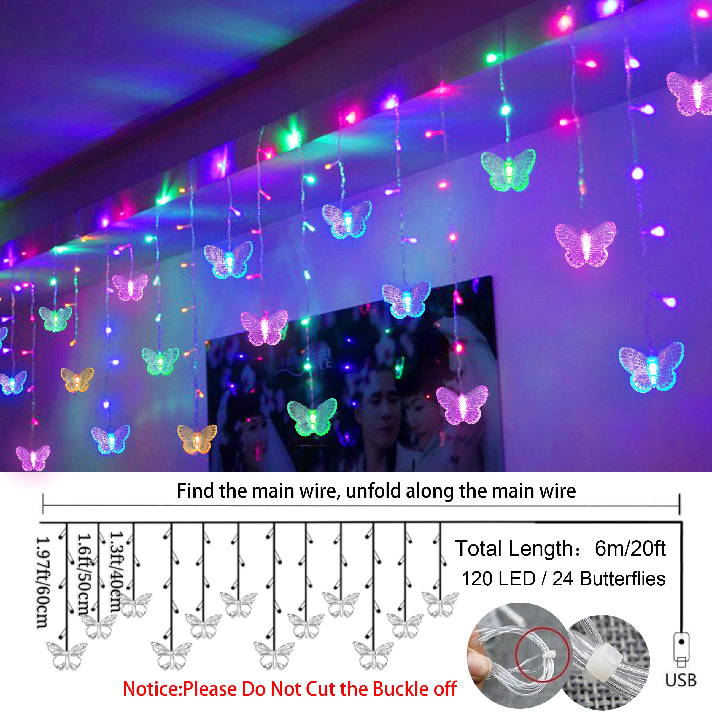 SunKite 120 LED Butterfly Curtain Fairy Lights - 20FT, Multi-colored, USB Plugged, 8 Modes, Waterproof for Kids Bedroom, Christmas, Party