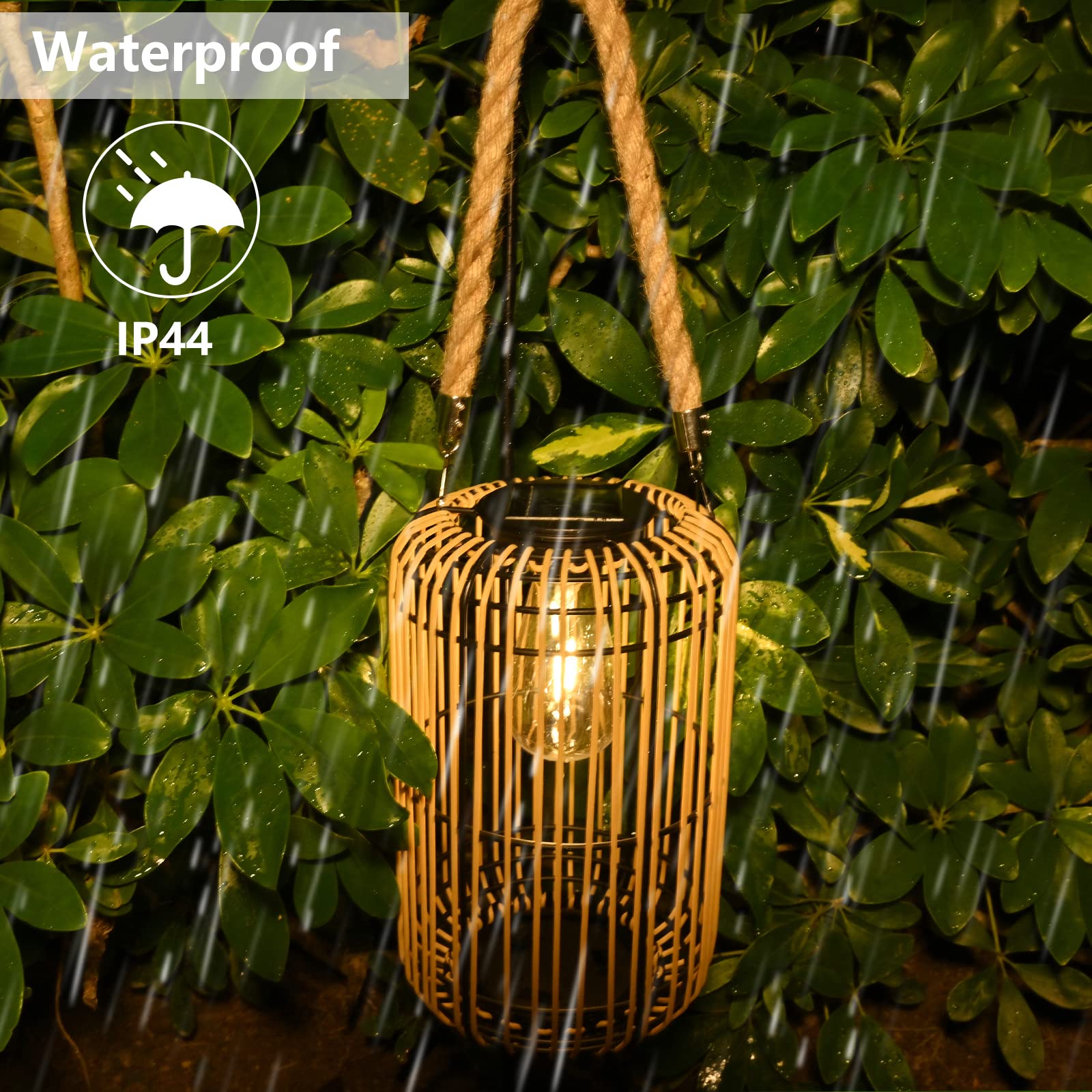 Livinlarge Solar Lantern - Waterproof Rattan Hanging Light with Handle, Bright Edison Bulb for Garden Patio Decoration, Multicolor