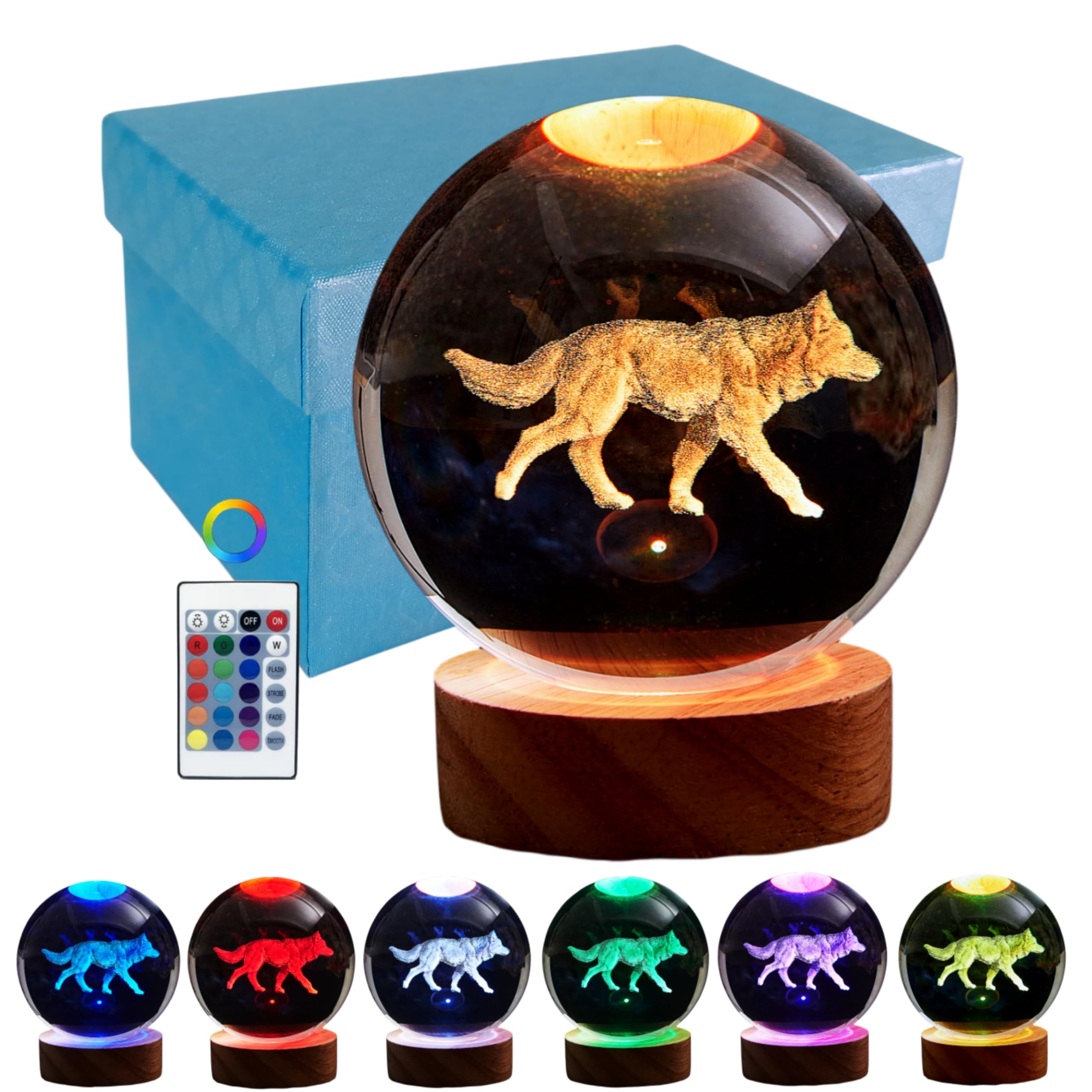 DIGFPWT 3D Crystal Ball Night Light with LED Base, 16 Colors, 3.15 Inch, Wolf Design, Gift Box Packaging