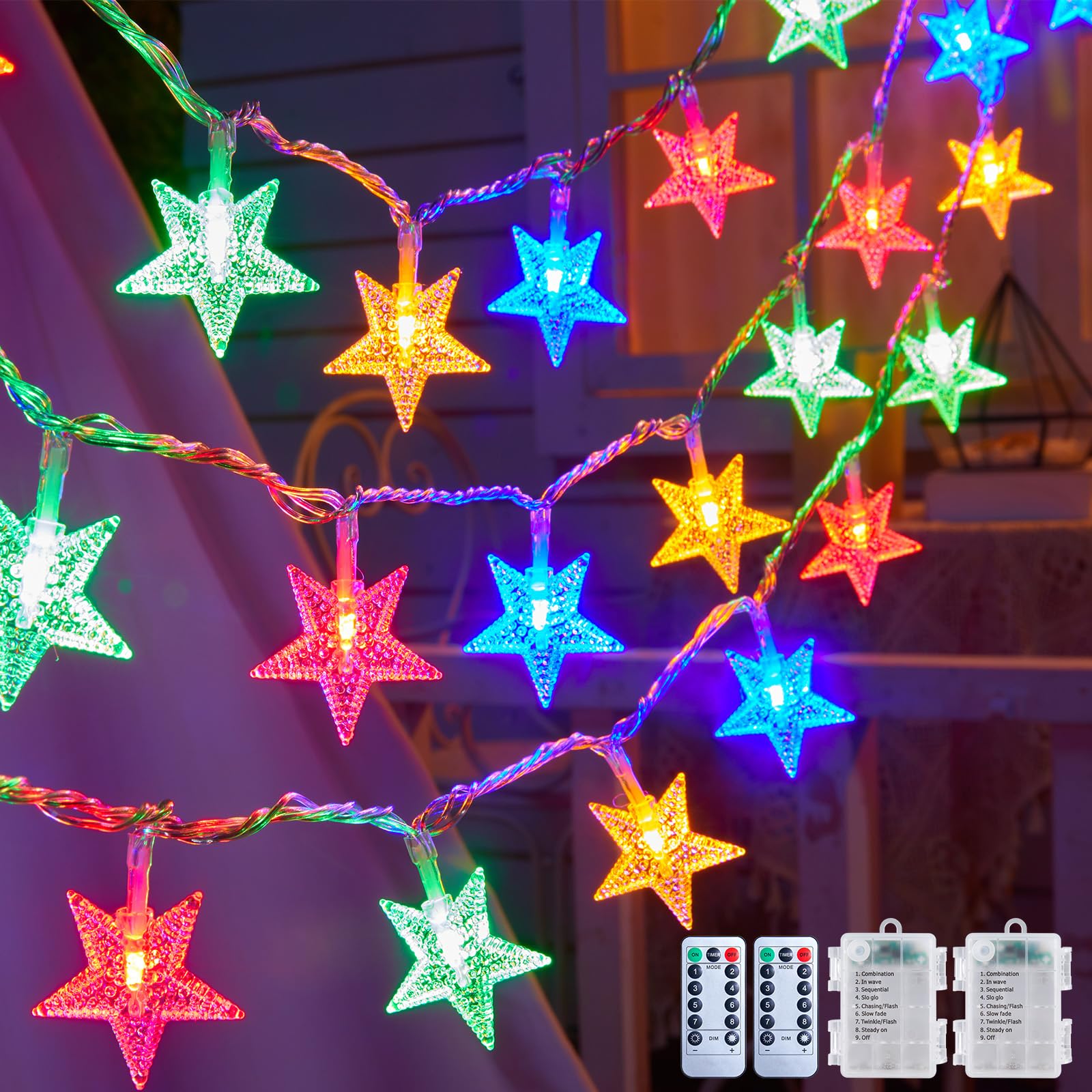 Brightown Star String Lights 50 LED 17ft Remote & Timer 8 Modes Waterproof 2 Pack Multicolor