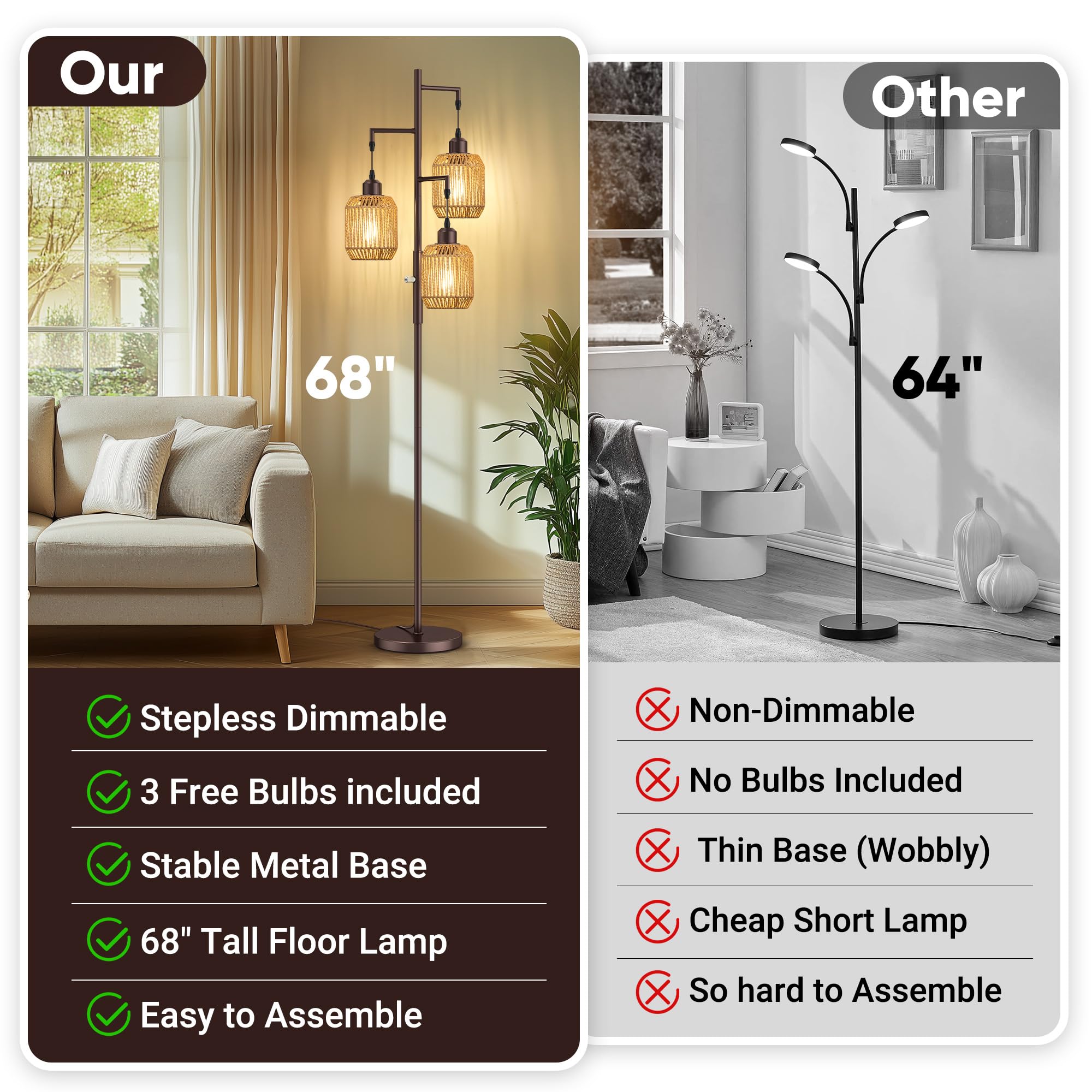 ROTTOGOON Dimmable Boho Floor Lamp - 3 Light Rattan Design, 68" ORB with Brown Lampshades, Model ROFP125AZ