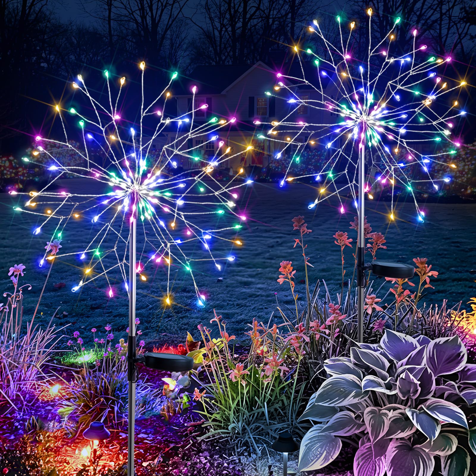 suddus Solar Garden Lights - 150LED Waterproof Firework Lights, 8 Modes, 2 Pack, Multicolor