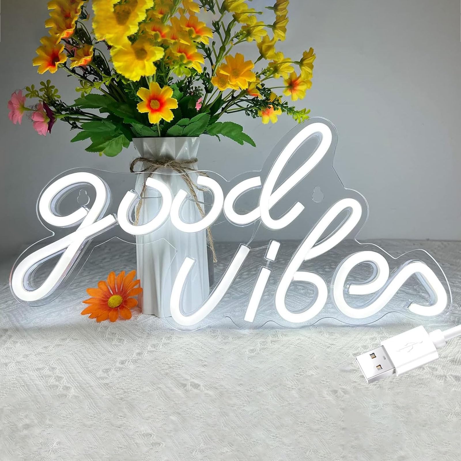 Bernicekelly Good Vibes Neon Sign - White Led Wall Decor For Bedroom & Party, Usb Powered