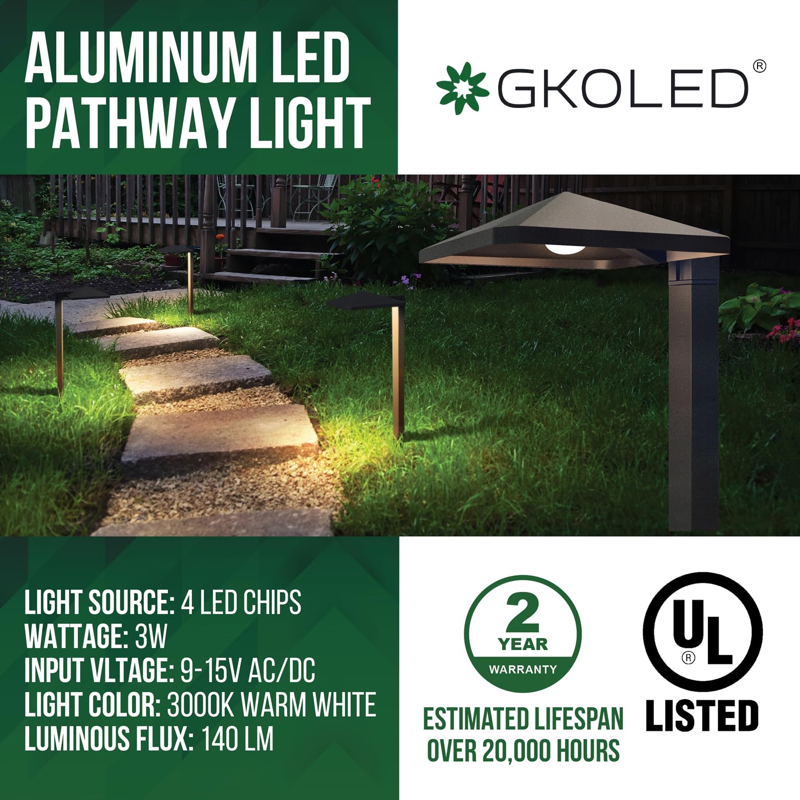 Gkoled 6 Pack Ul Listed Low Voltage Pathway Lights, 12V 3W 140Lm 3000K Waterproof Led Landscape Lighting, For Outdoor Walkway, S
