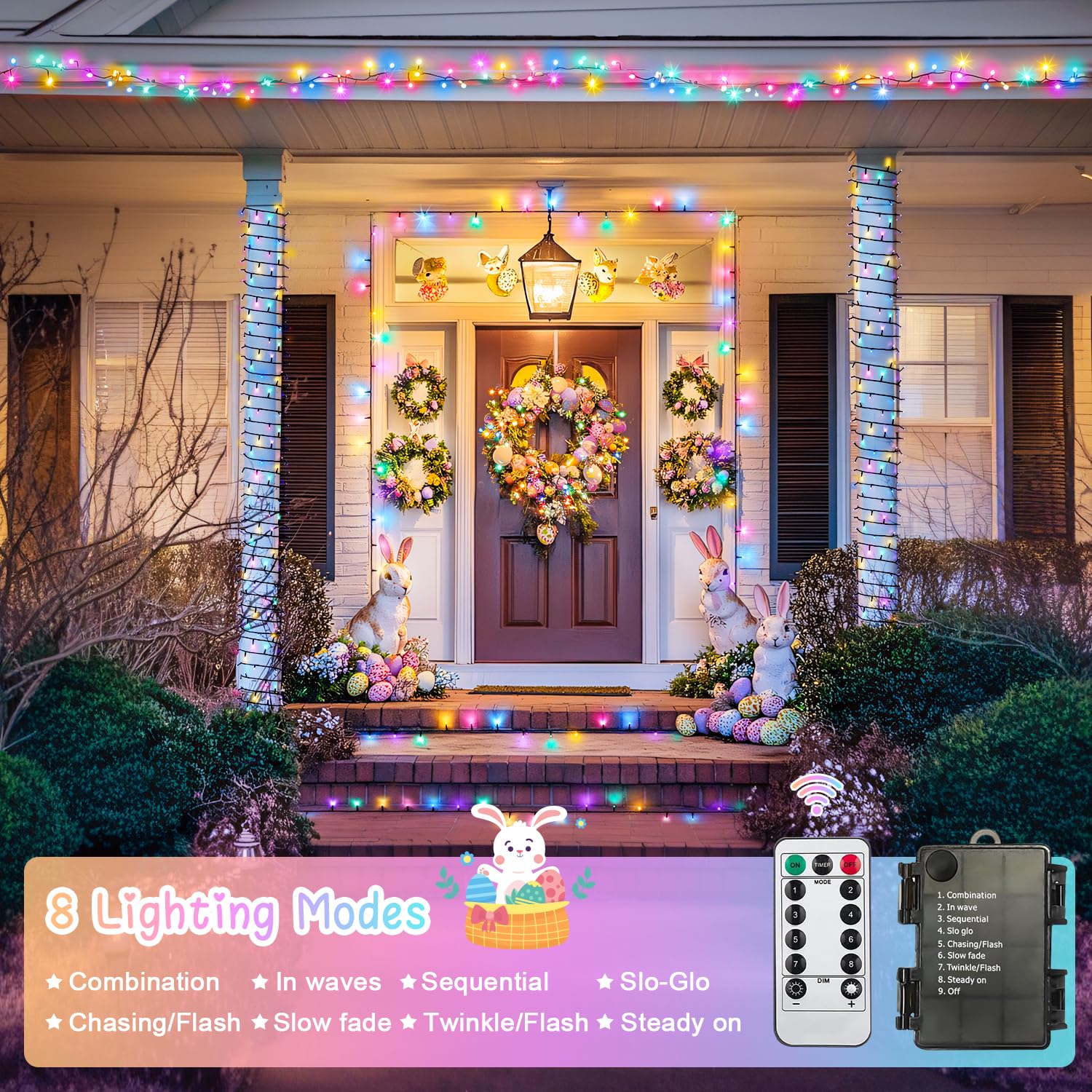 Jmexsuss 2 Pack Easter Lights Battery Operated,Each 33 Ft 100 Led Easter Lights String Outdoor Indoor, Colored Christmas Lights