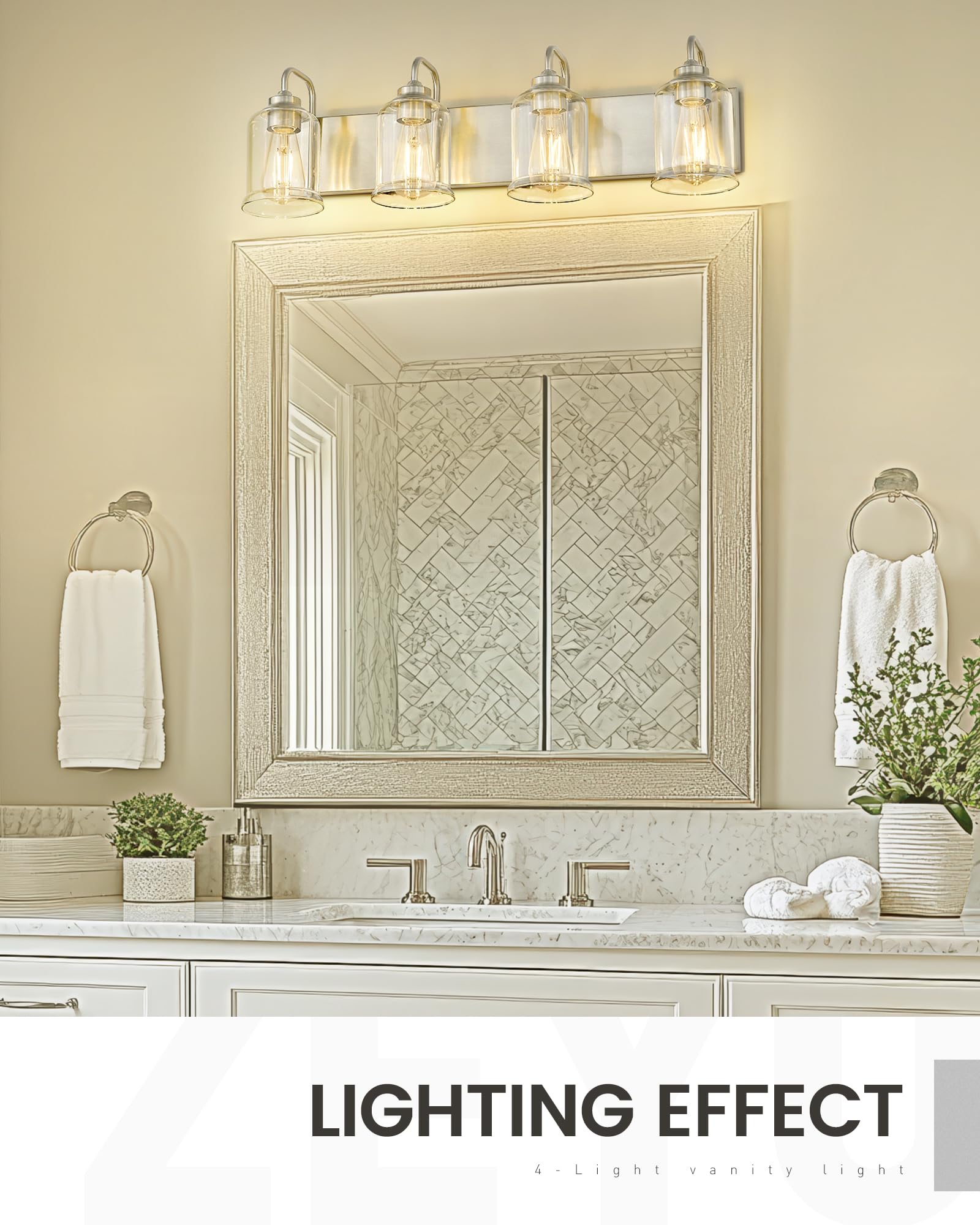 Zeyu 28.5 Inch Bathroom Wall Light Over Mirror, 4-Light Vanity Lighting Fixture, Brushed Nickel Finish With Clear Glass Shade, Z