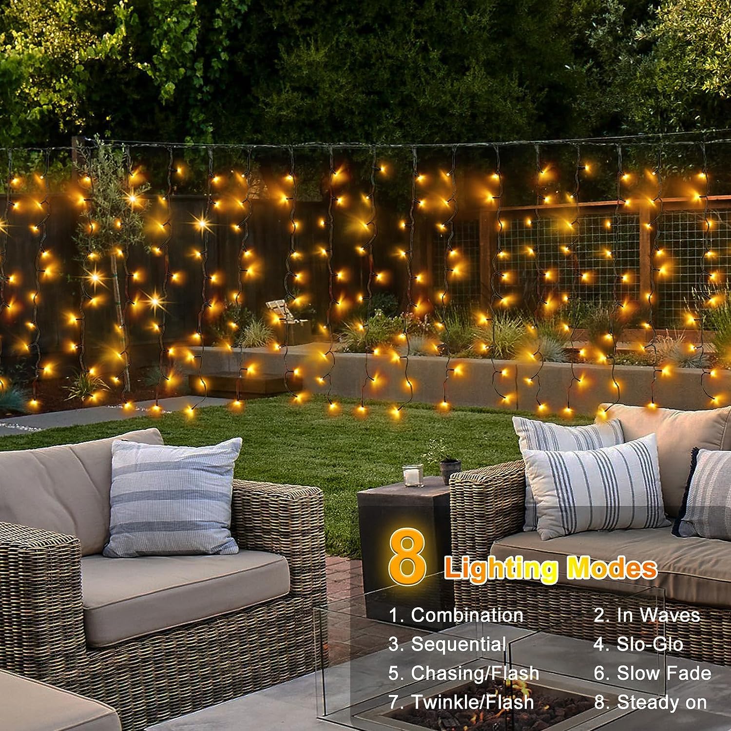 Solar Powered Curtain Lights 33Ftx 3Ft 500 Led Outdoor Curtain Lights Waterproof With Remote Timer For Garden Patio Fence Weddin