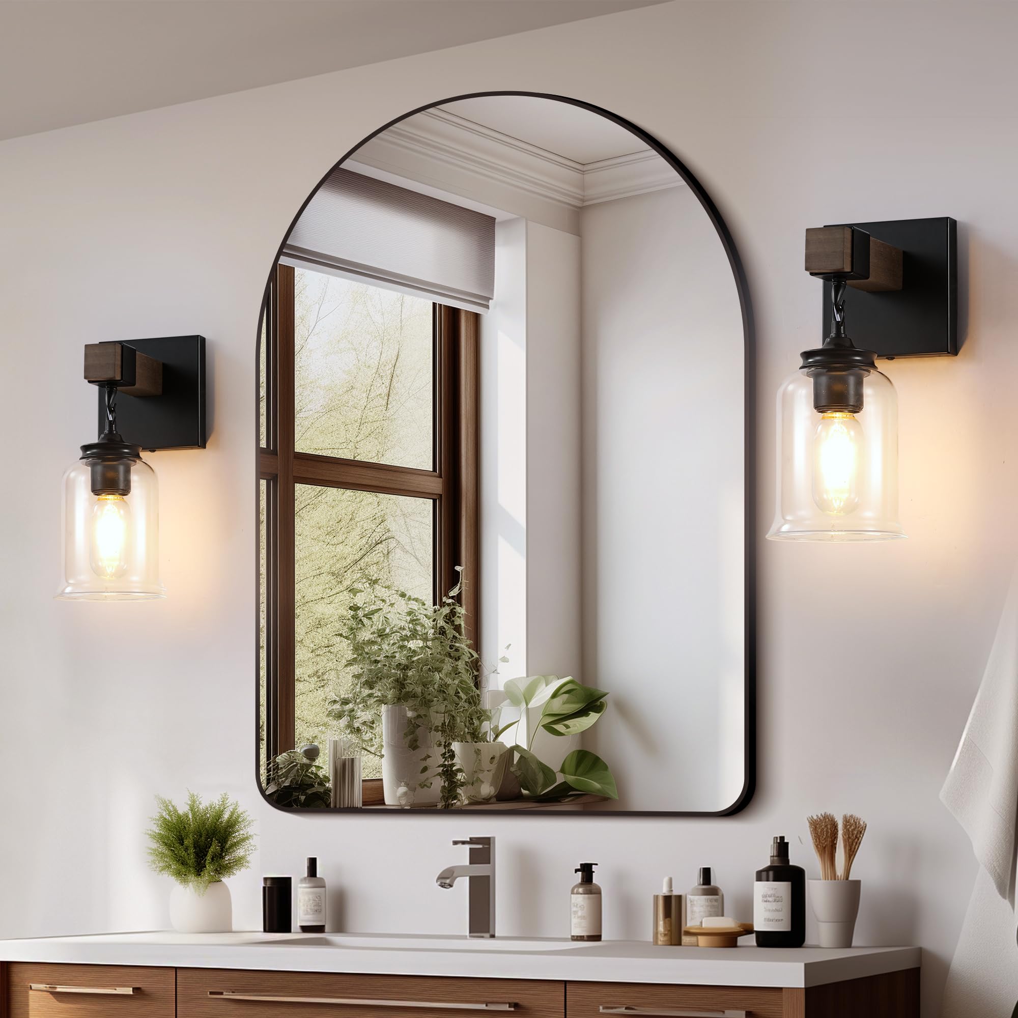 Wall Sconces Set Of Two, Farmhouse Bathroom Light Fixtures, Black Wood Rustic Vanity Lights With Clear Glass Shades, Wall Sconce