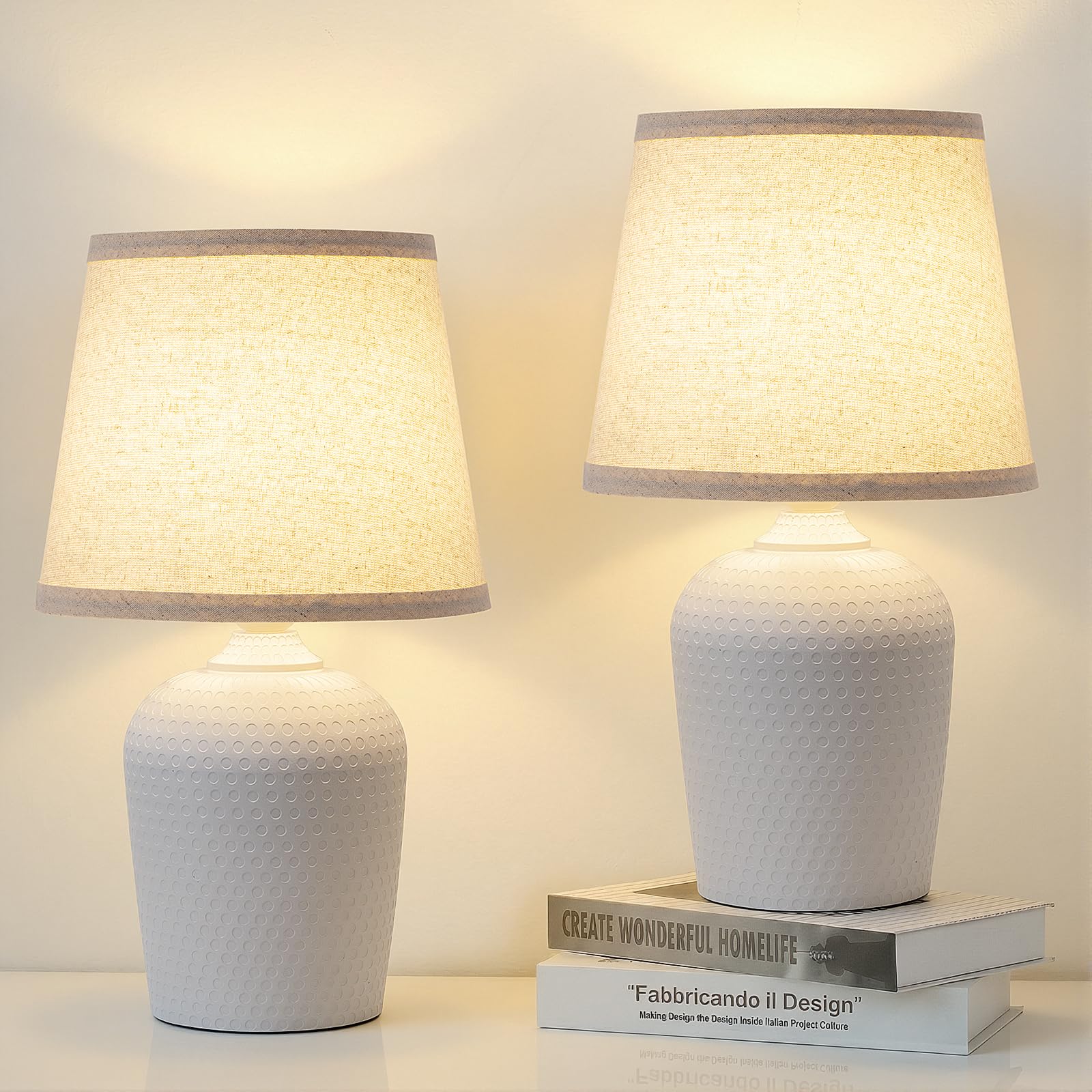 Sucolite 16 Table Lamps Set of 2  Bedside Nightstand Lamps for Bedroom Kids Room  Cute Desk Lamps with Studded Texture Base for Reading Nursery Living Room Office Beige & White