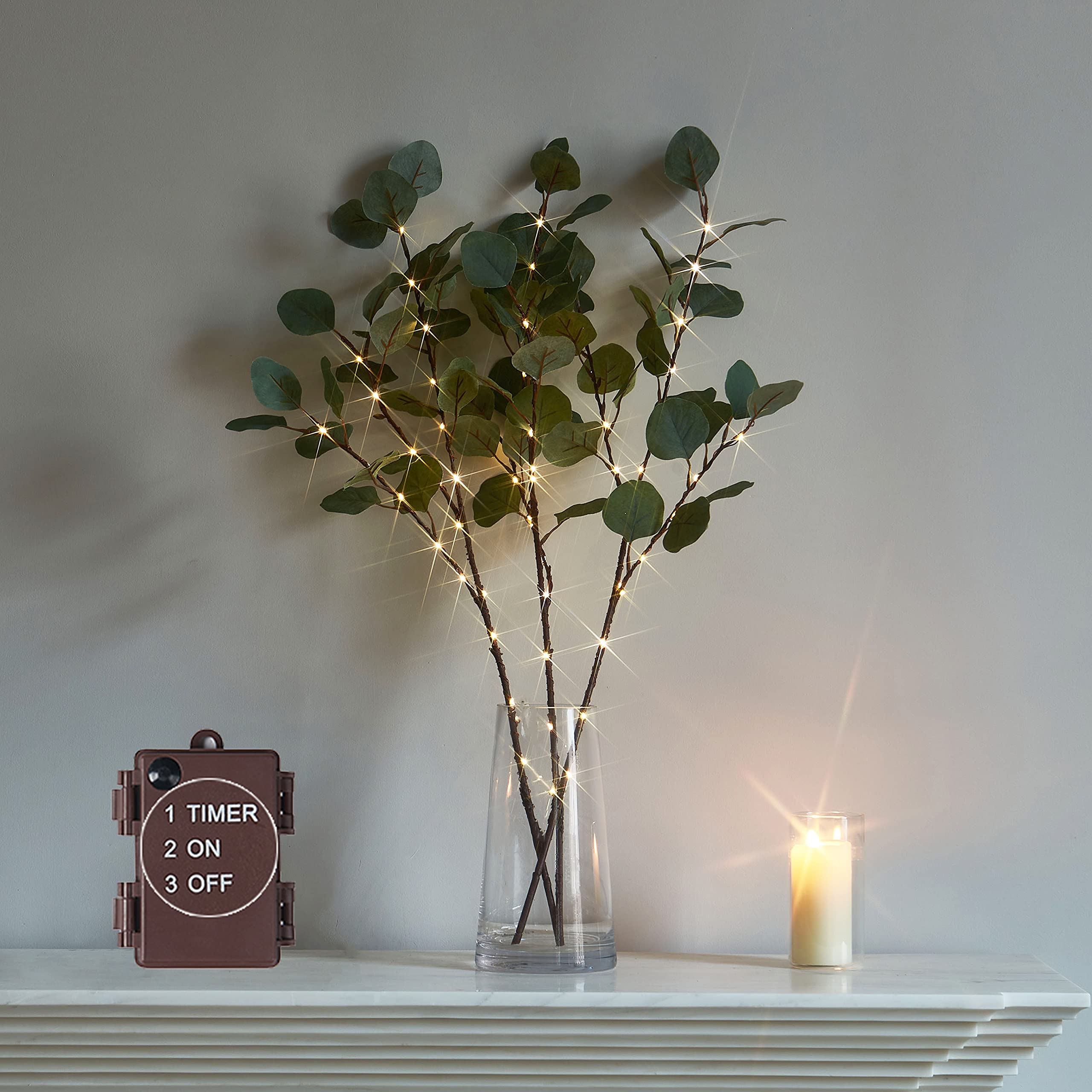 LITBLOOM Lighted Eucalyptus Branches 24IN, 36 LED, Battery Operated, Silver, Model HR-BL36-EB-24IN-A-4.5V