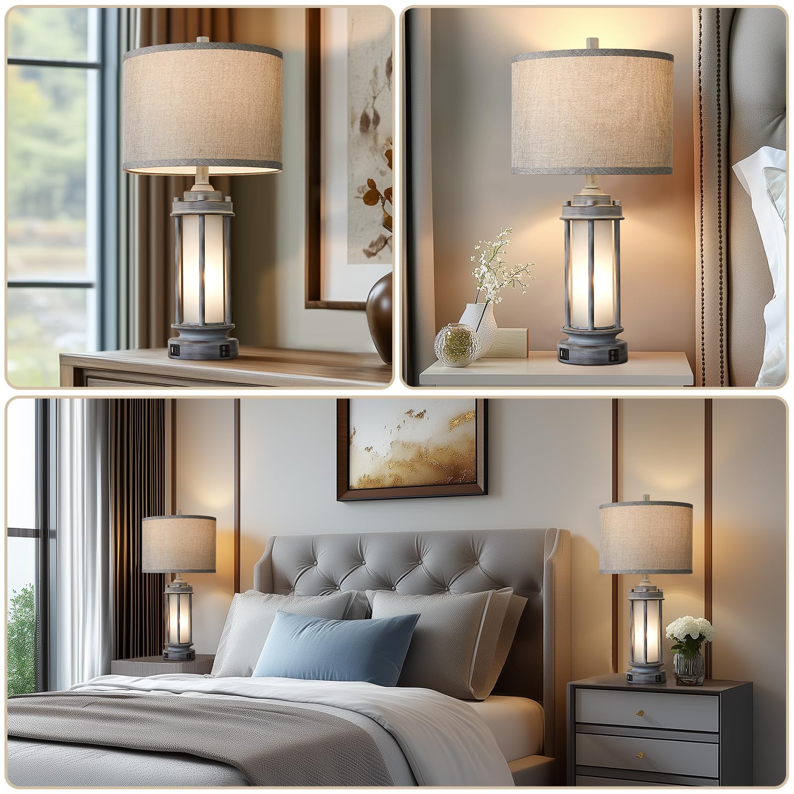 Aieampdo Set Of 2 Modern Table Lamps For Living Room Bedroom, 25'' Black Retro Industrial Metal Lamp With Glass Nightlight, Cont