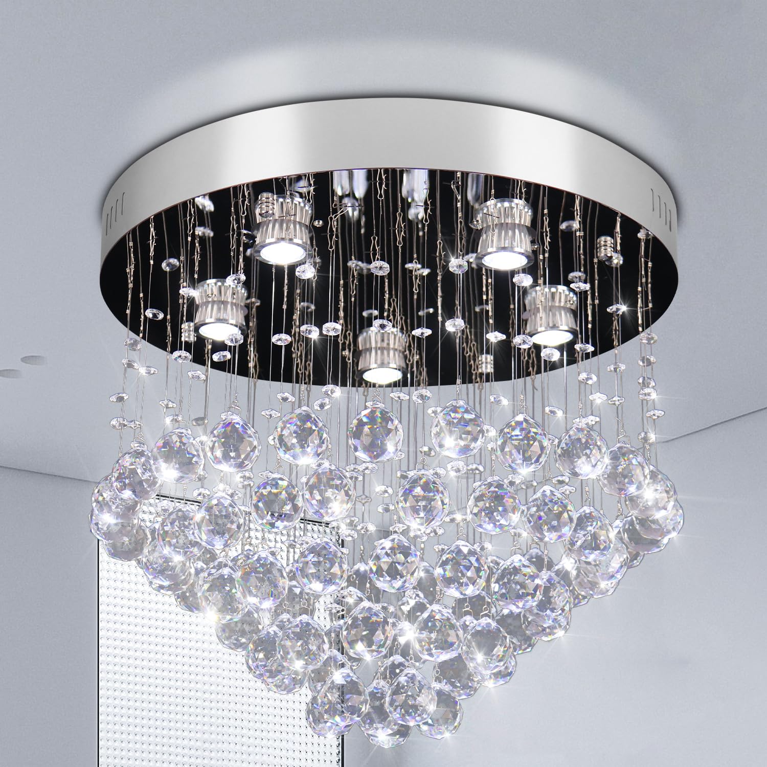 Finktonglan Modern Crystal Led Chandelier 19.6&quot; Stainless Steel Flush Mount For Bedroom & Dining Room