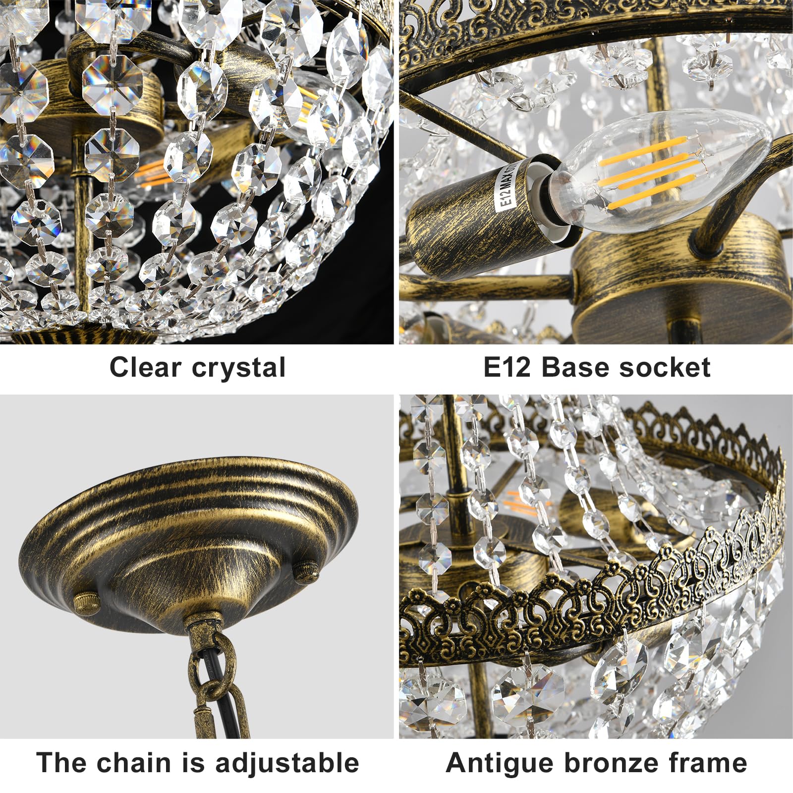 KAIQI Mini Crystal Chandelier, Bronze Metal Pendant Light, 19.7"H x 12.6"W, Ideal for Dining Room, Bedroom, Foyer, Model 8019/4
