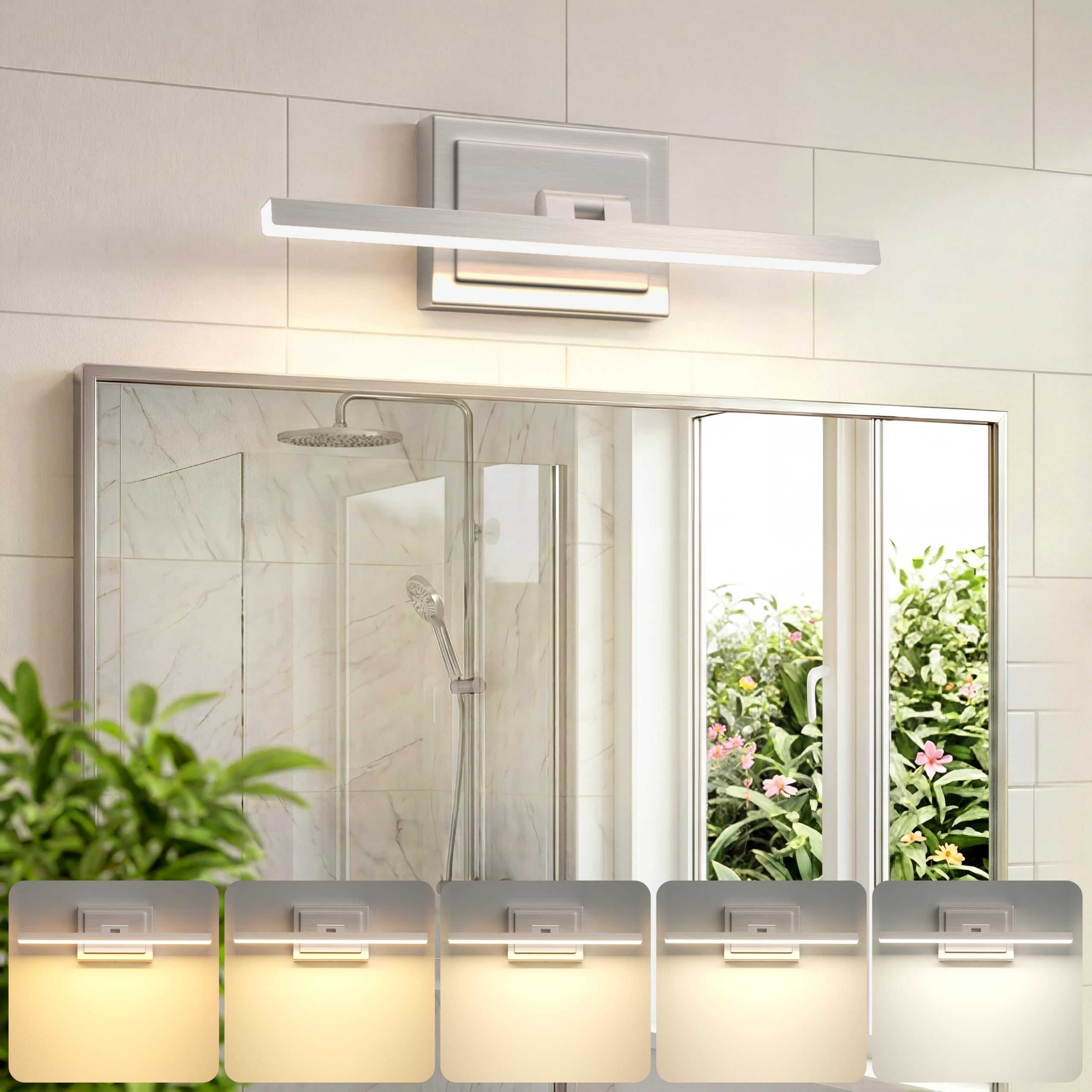 VOLISUN Modern Bathroom Vanity Light 15.7 inch  Rotatable  12W Dimmable 5CCT Led Bathroom Light Fixture Over Mirror  Brushed Nickel Bar Vanity Light for Bathroom Mirror Restroom-ETL Certificated