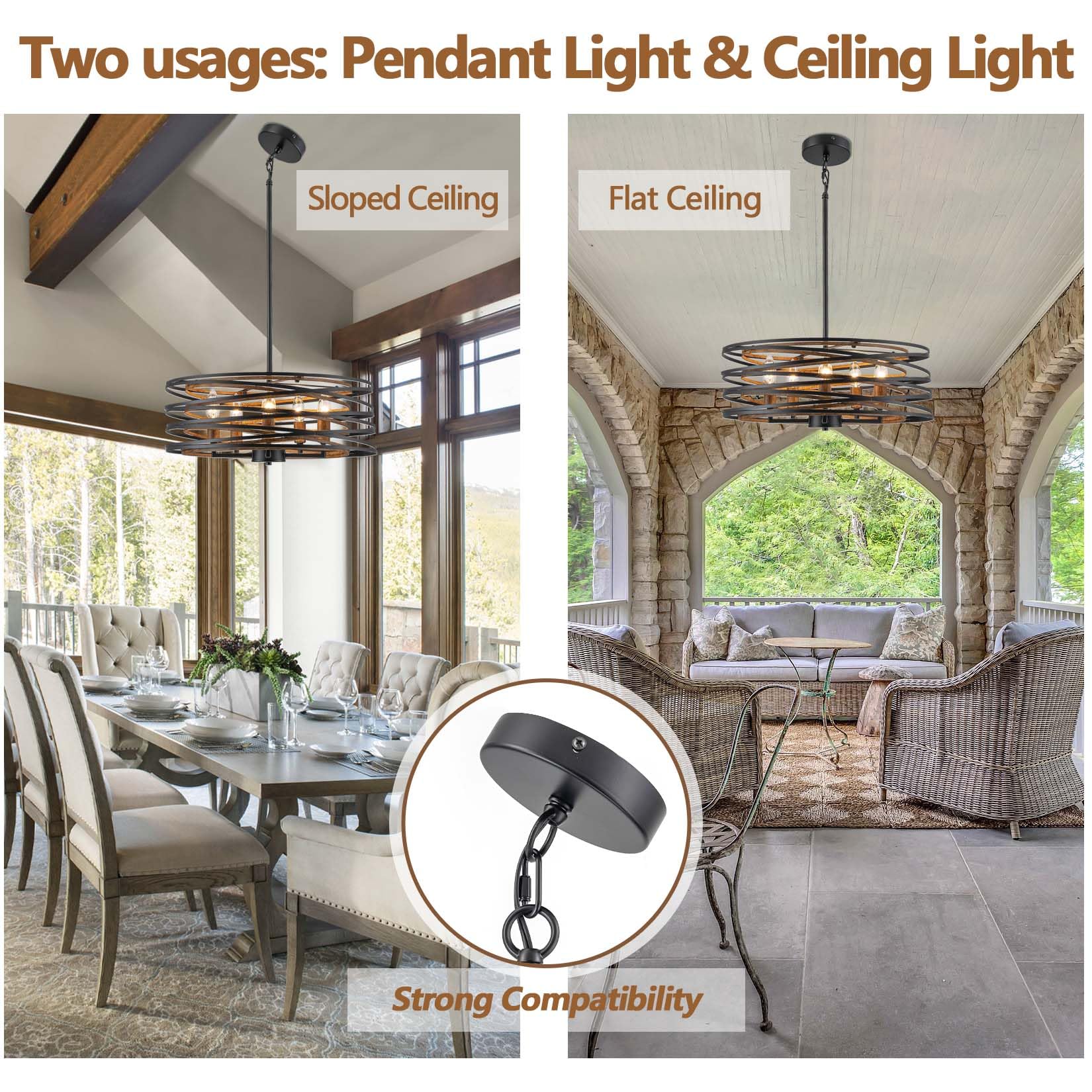 Bargeni Chandeliers,20 Inch Dining Room Light Fixture,Matte Black Dining Room Chandelier With Wood-Like Interior,5-Light Farmhou
