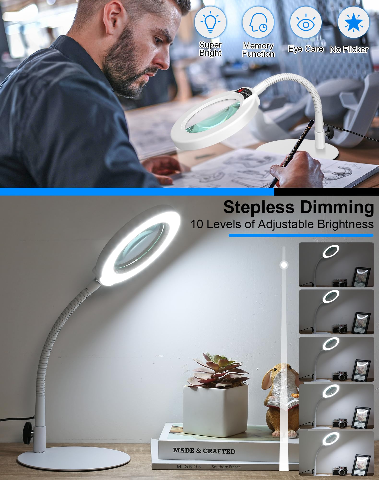 Magnifying Glass With Light And Stand, Hands Free Magnifying Lamp, 5 Color Modes 10 Dimmable Brightness, Metal Base Desk Magnifi
