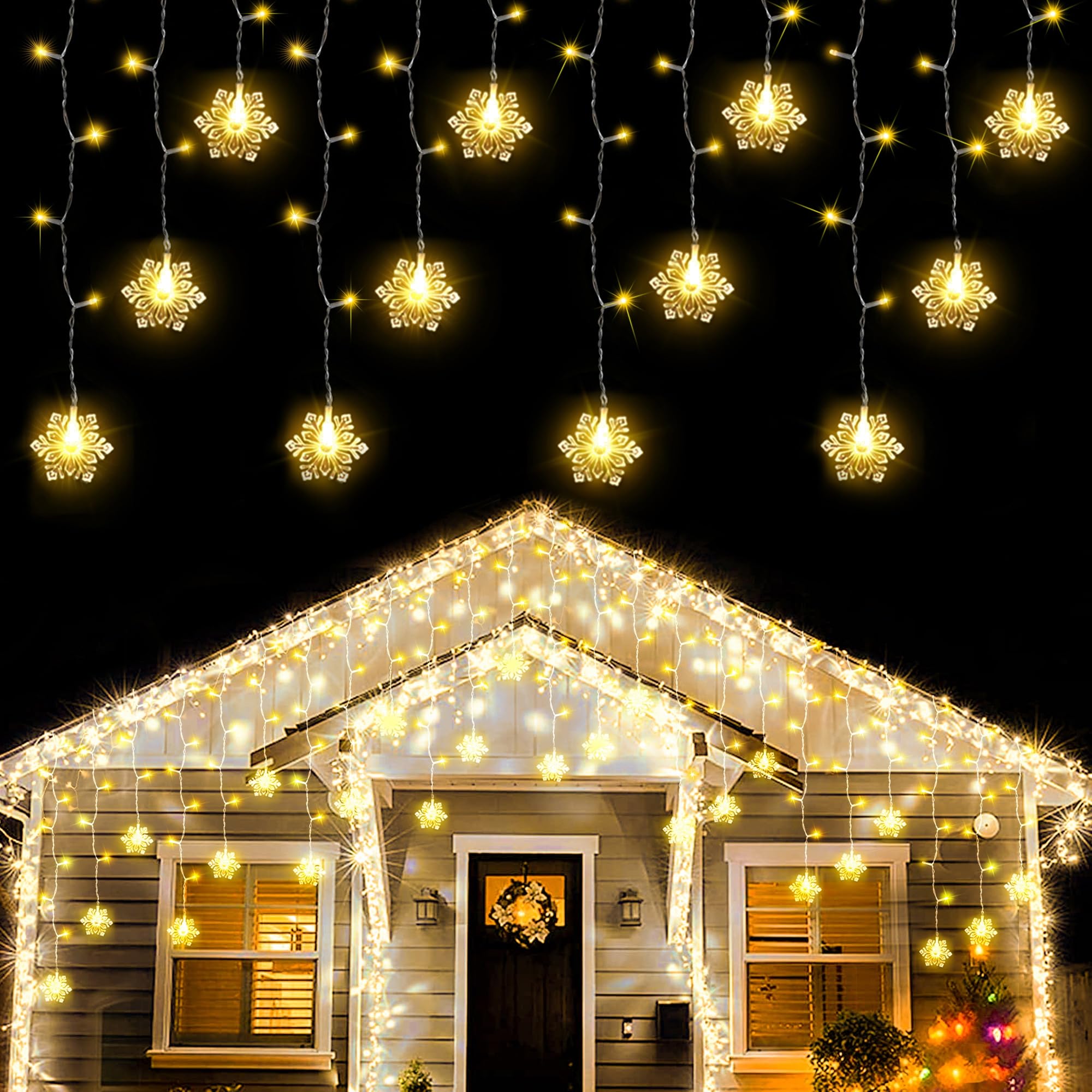 weillsnow Christmas Decorations, 360 LED Icicle Lights with Snowflake, 29.5 FT 72 Drops Icicle Light with 8 Modes,Connectable Wa