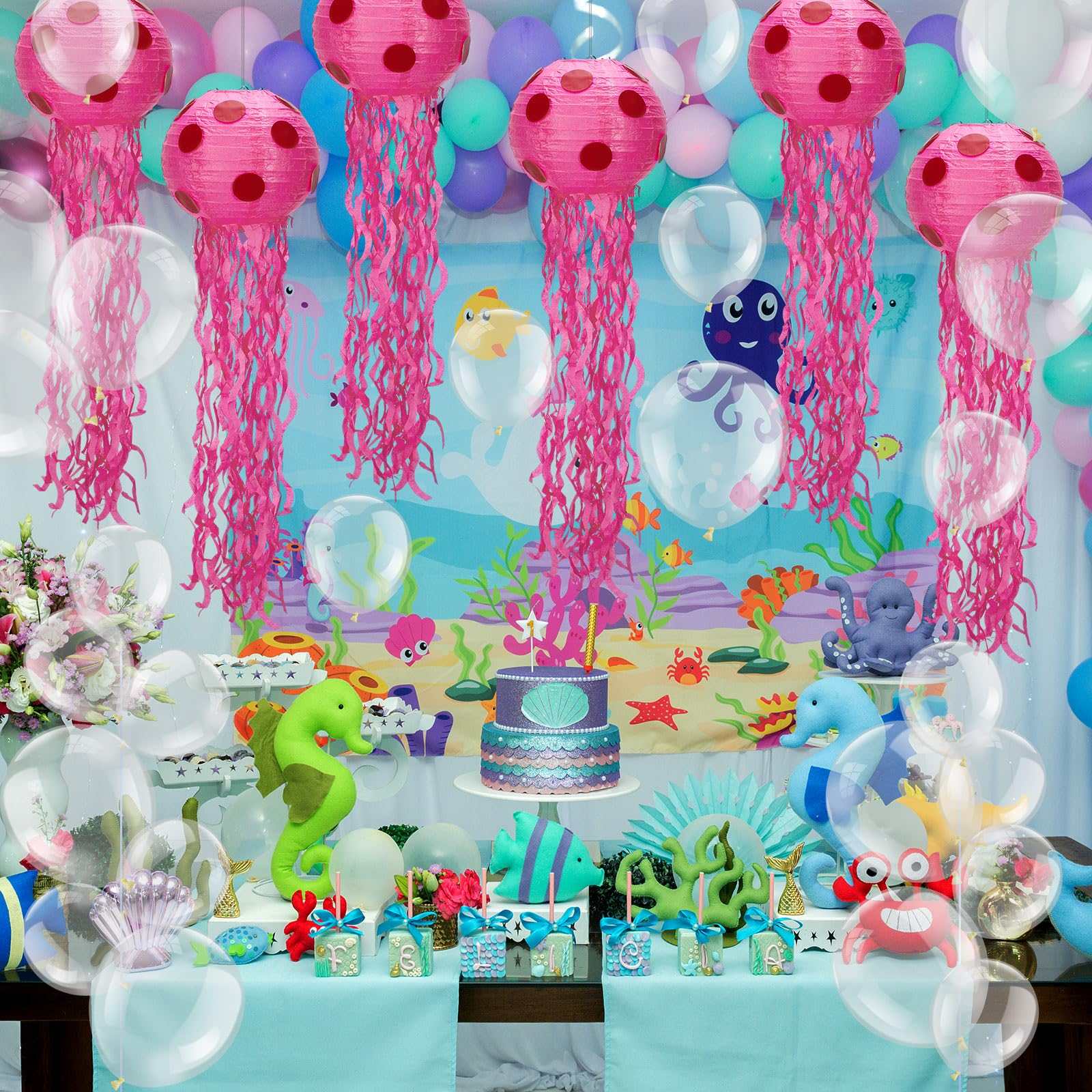 Lunmon 6 Set Sponge Party Hanging Jellyfish Decorations 8 Inch Jellyfish Paper Lanterns with 100 Pcs 5 Inch 10 Inch Clear Balloo