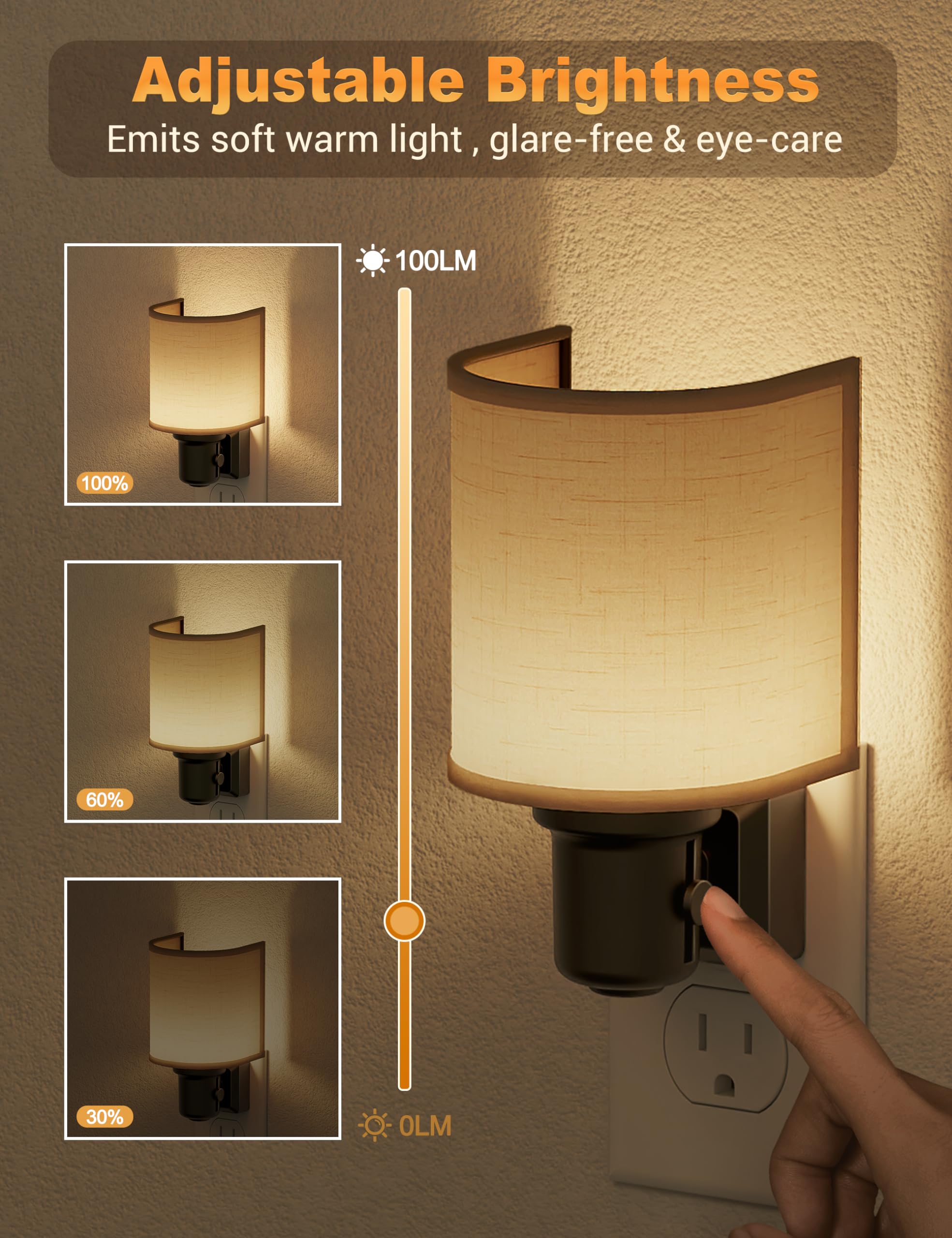 JandCase LED Night Light with Auto On/Off Sensor, Dimmable 0-100LM, Warm White 3000K, Plug-in Wall Light for Bedroom, Hallway, Bathroom