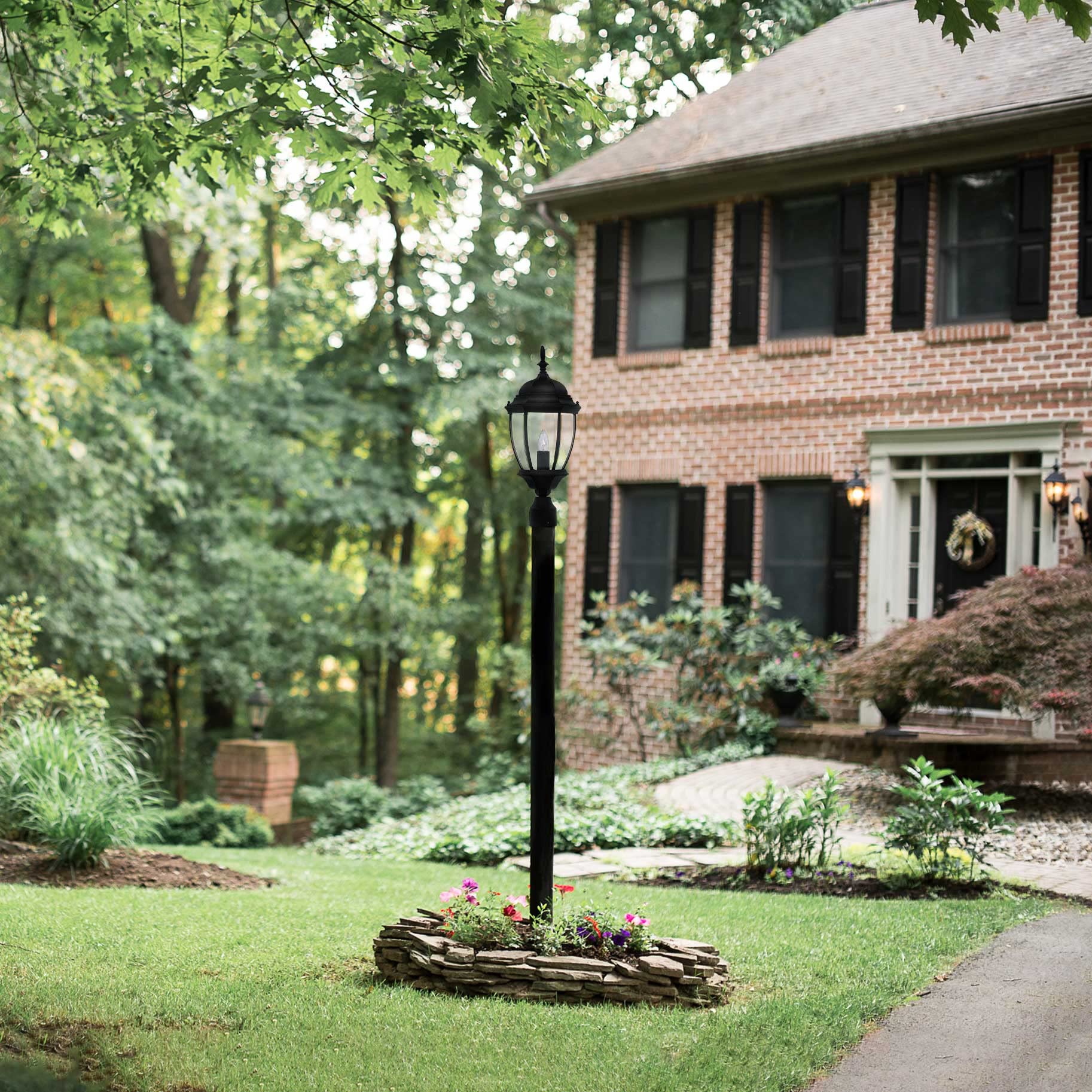 DESIGNERS FOUNTAIN 1-Light Outdoor Post Lantern Light, Clear Glass Shade, Aluminum, Black, Model 2436-BK