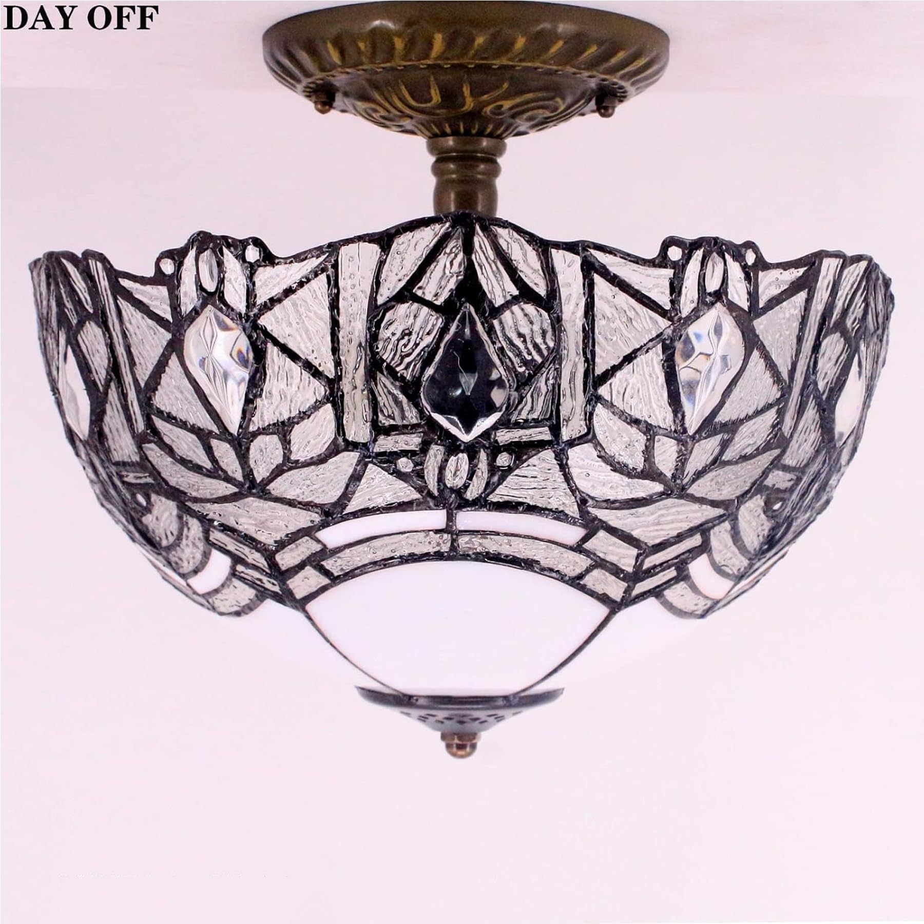 Werfactory Tiffany Ceiling Light Fixture, Crystal Bead, 12X11 Inch, White Stained Glass, Semi Flush Mount, S508W Series