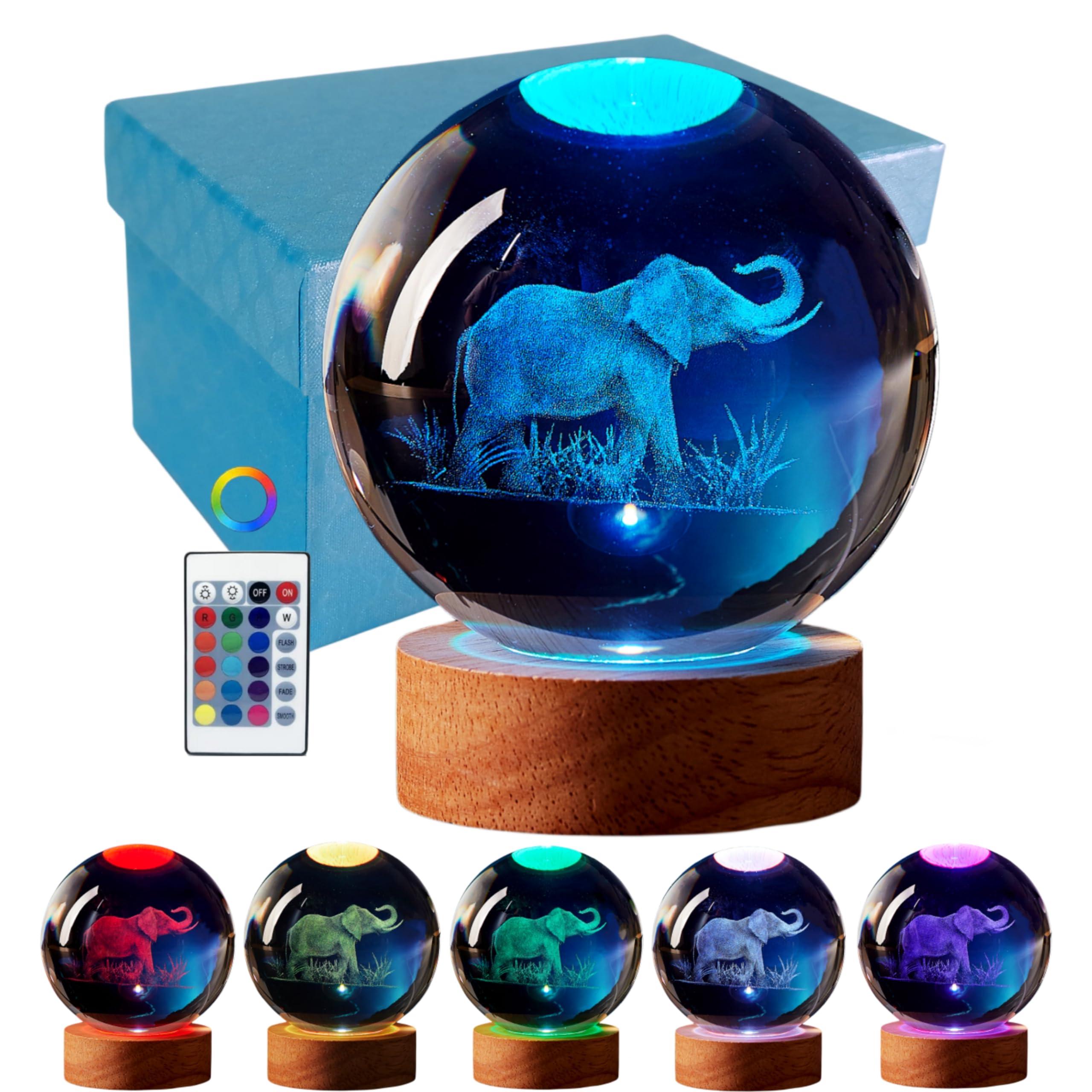DIGFPWT Elephant Crystal Ball Night Light, 3.15 Inch LED Lamp with Wooden Base, 16 Colors, Gift Box Packaging