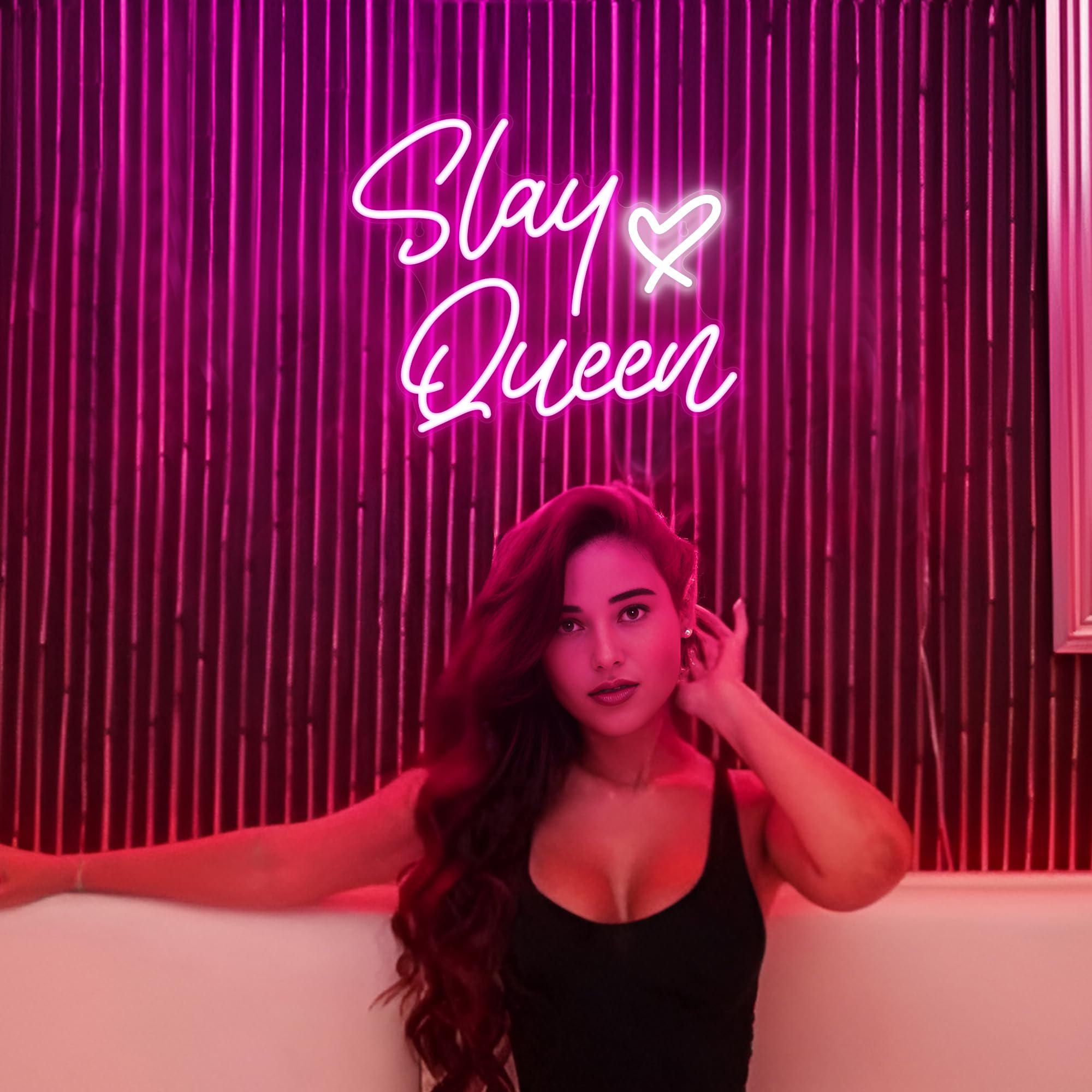 Kavaas Neon Slay Queen Sign - 15.3"x12.6" Pink LED Wall Decor for Bedroom, Bar, Office, Dorms - Stylish Plastic Design