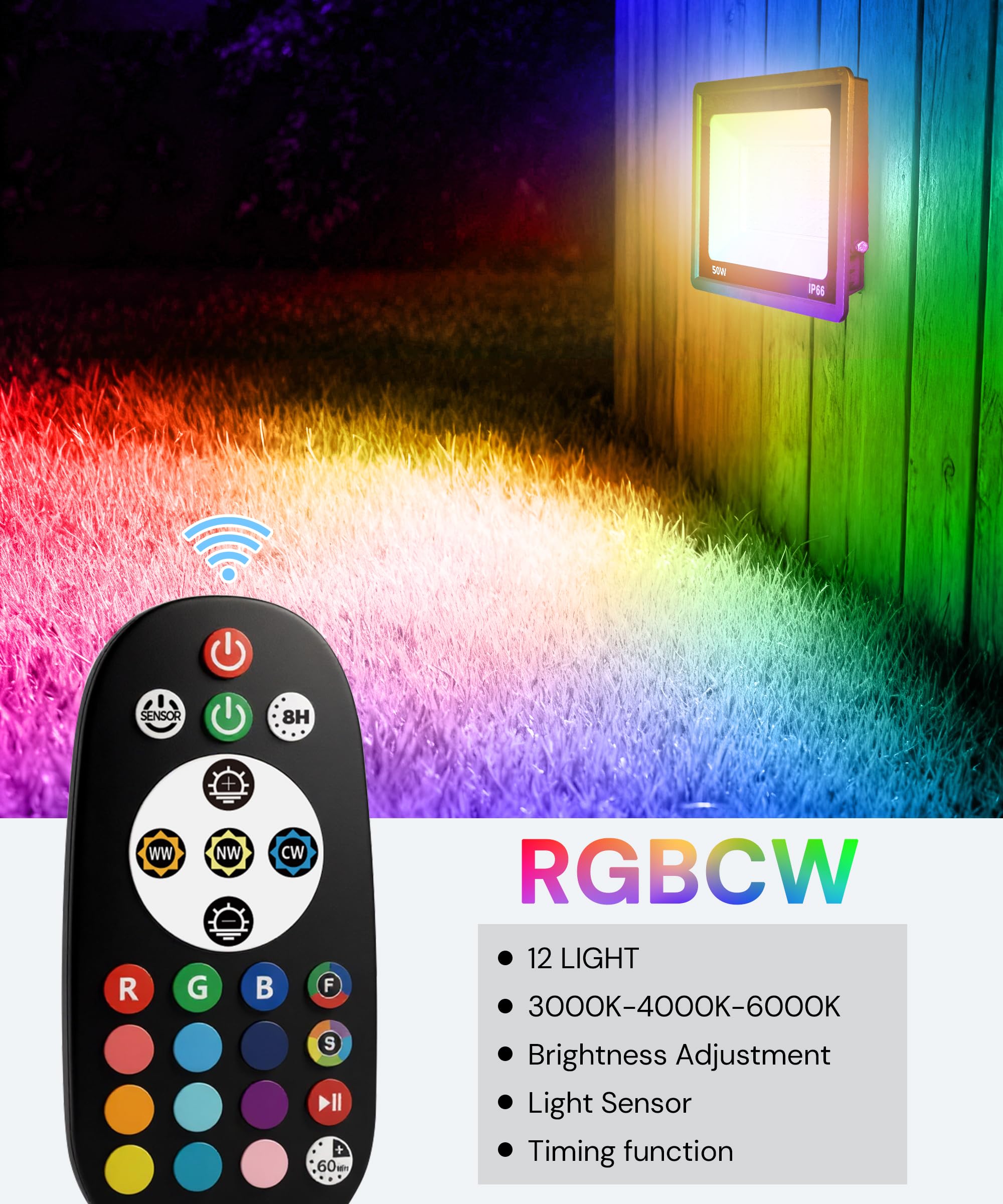 L LOHAS LED 50W RGB Flood Light - Remote Control, Color Changing, IP66, 2 Pack, Graphene Material