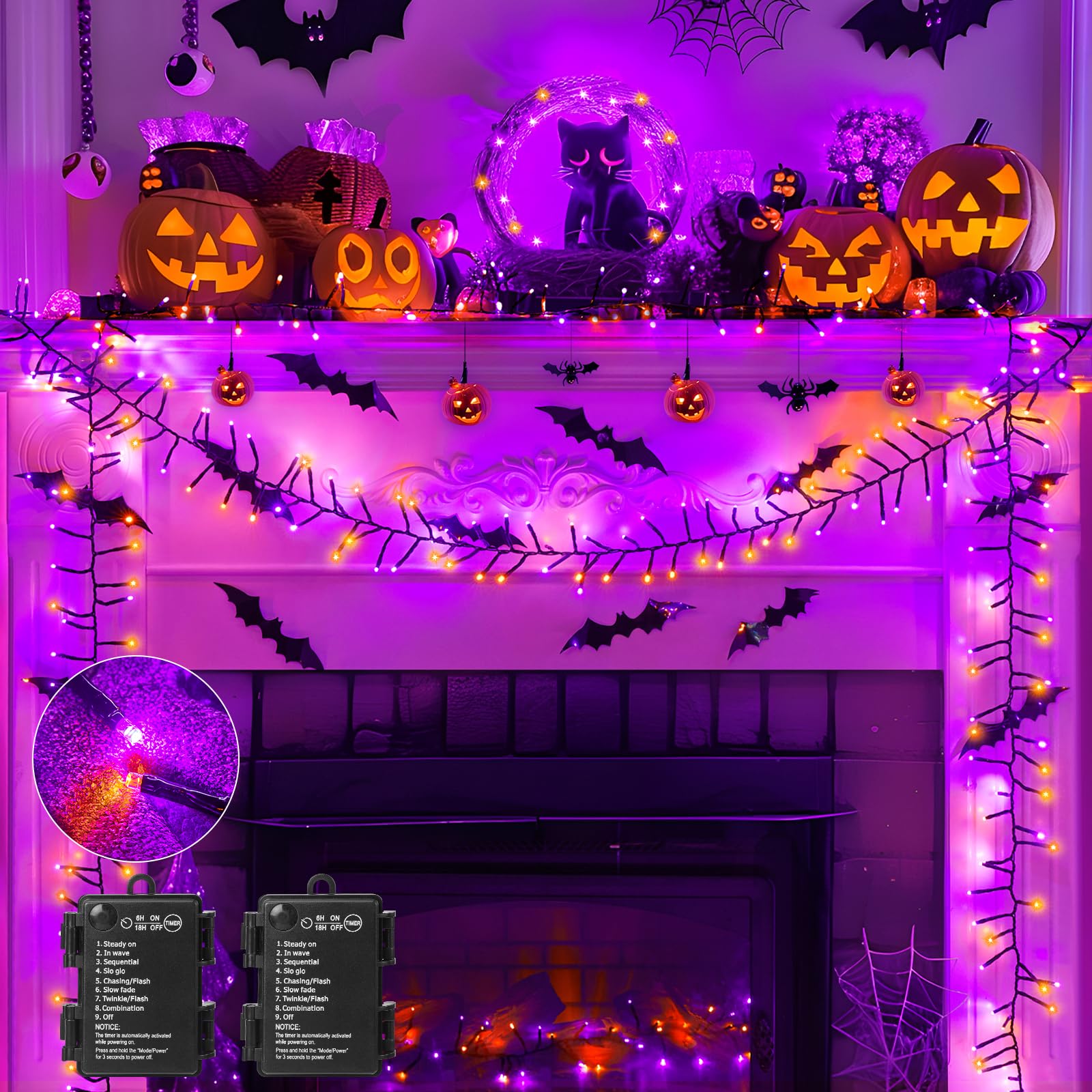 Brightown 2 Pack 10FT 120 LED Halloween String Lights Battery Operated Outdoor, Orange and Purple Cluster Lights, 8 Modes Waterproof Twinkle Fairy String Lights for Indoor Halloween Decorations
