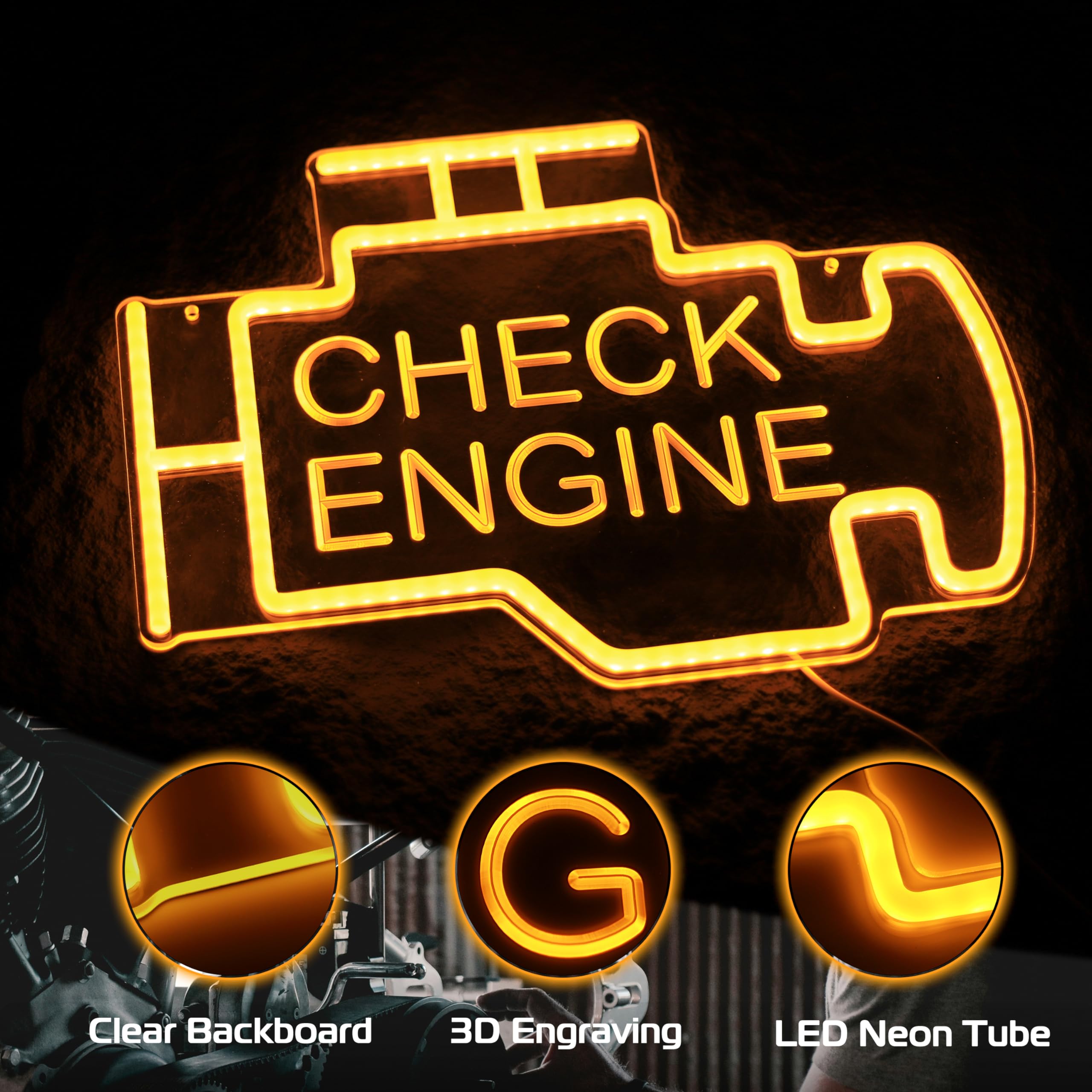 Kavaas LED Check Engine Neon Sign for Garage Decor, 15.7 inches, Golden Yellow