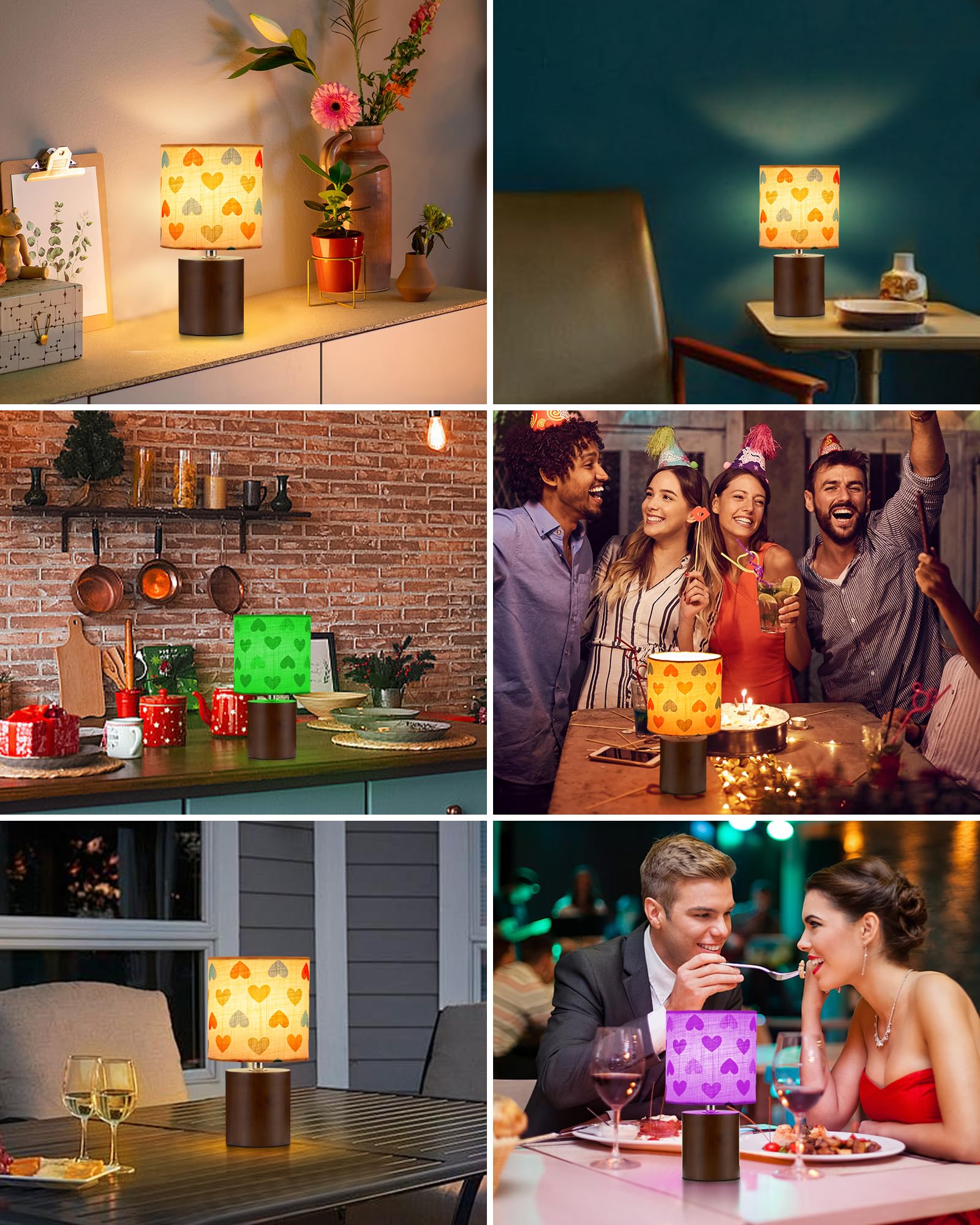 UMEXUS Rechargeable Cordless Table Lamp with Timer, Remote, Dimmer, Small, Linen, Colorful Heart, Model 90027